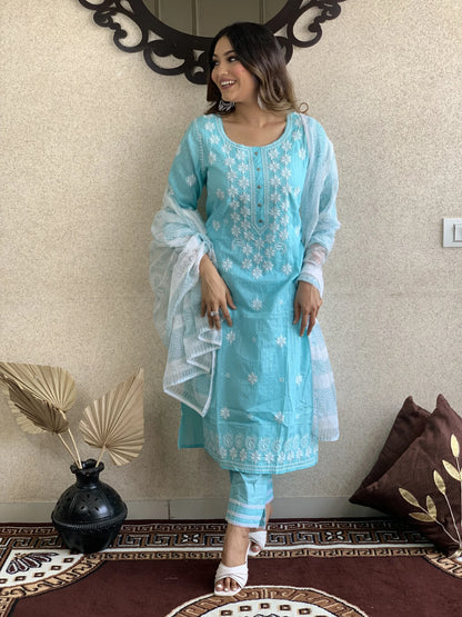 Light Blue Cotton Dupatta Set