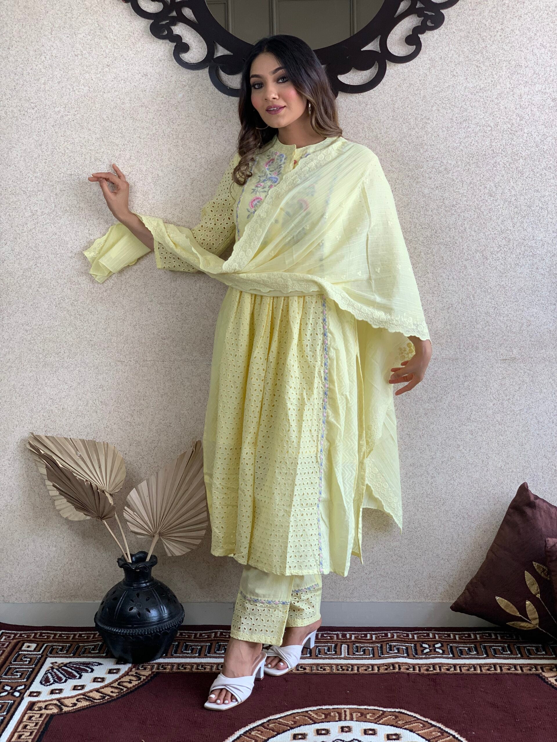 Lemon Yellow Color Kurta Pant With Cotton Dupatta