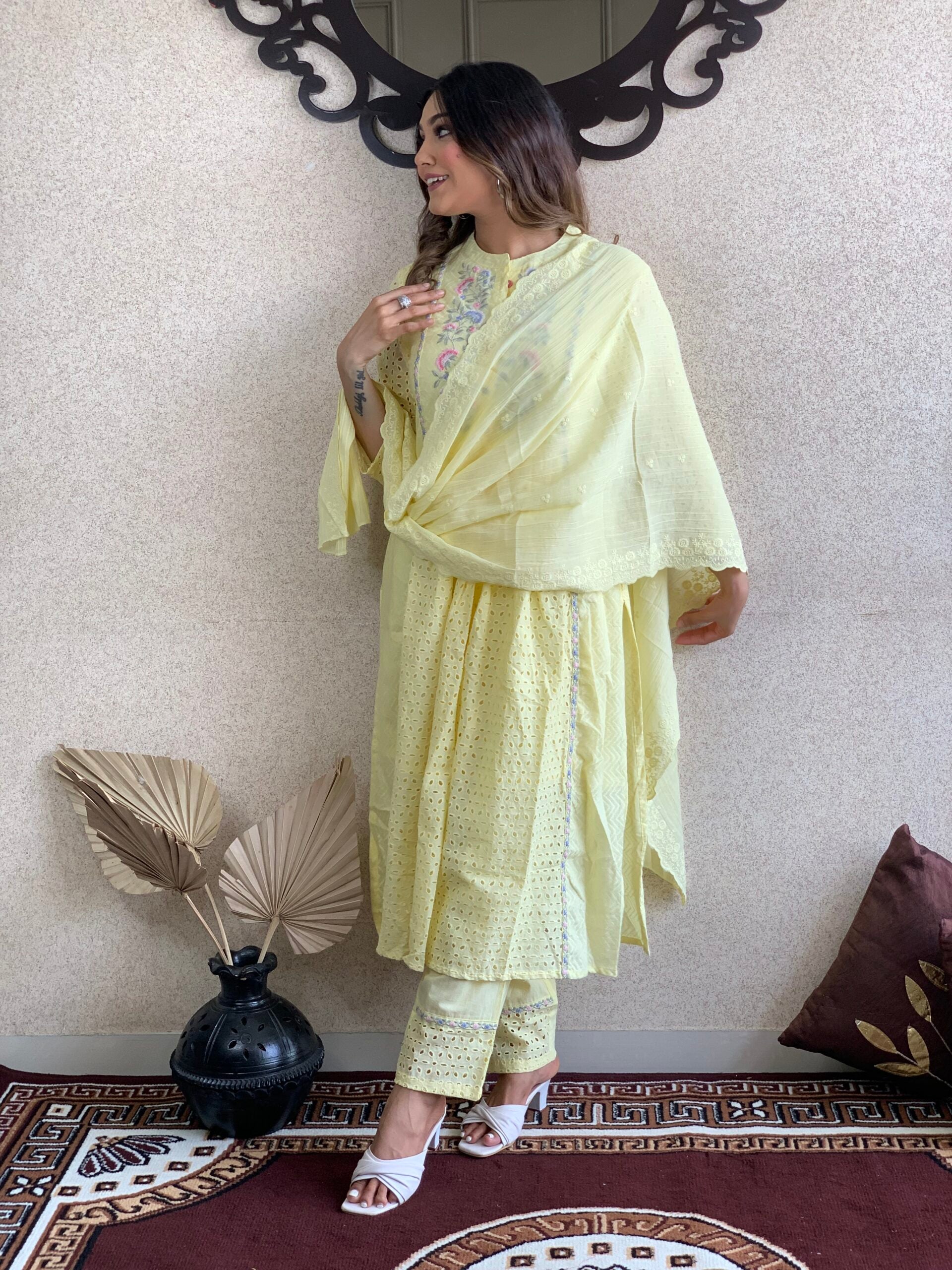 Lemon Yellow Color Kurta Pant With Cotton Dupatta