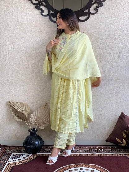 Yellow Cotton Dupatta Set