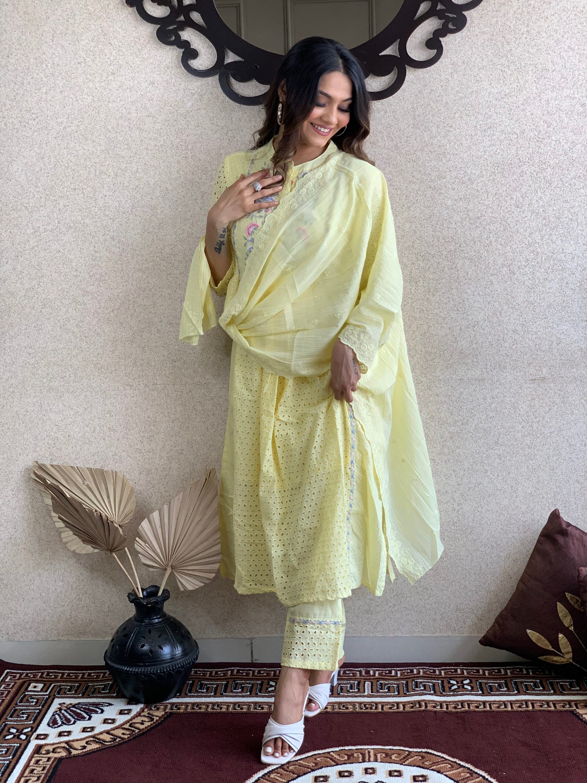 Lemon Yellow Color Kurta Pant With Cotton Dupatta