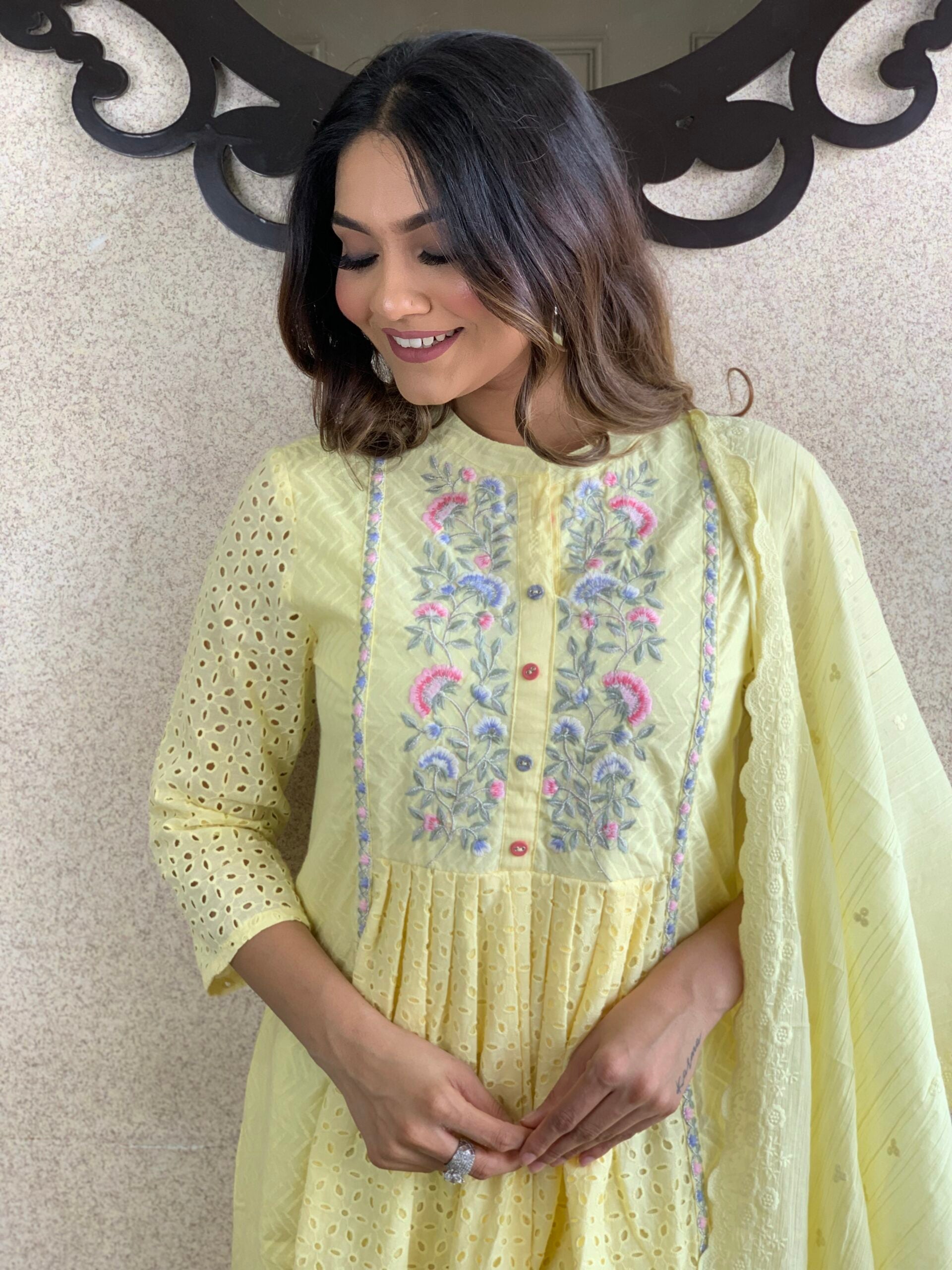 Lemon Yellow Color Kurta Pant With Cotton Dupatta