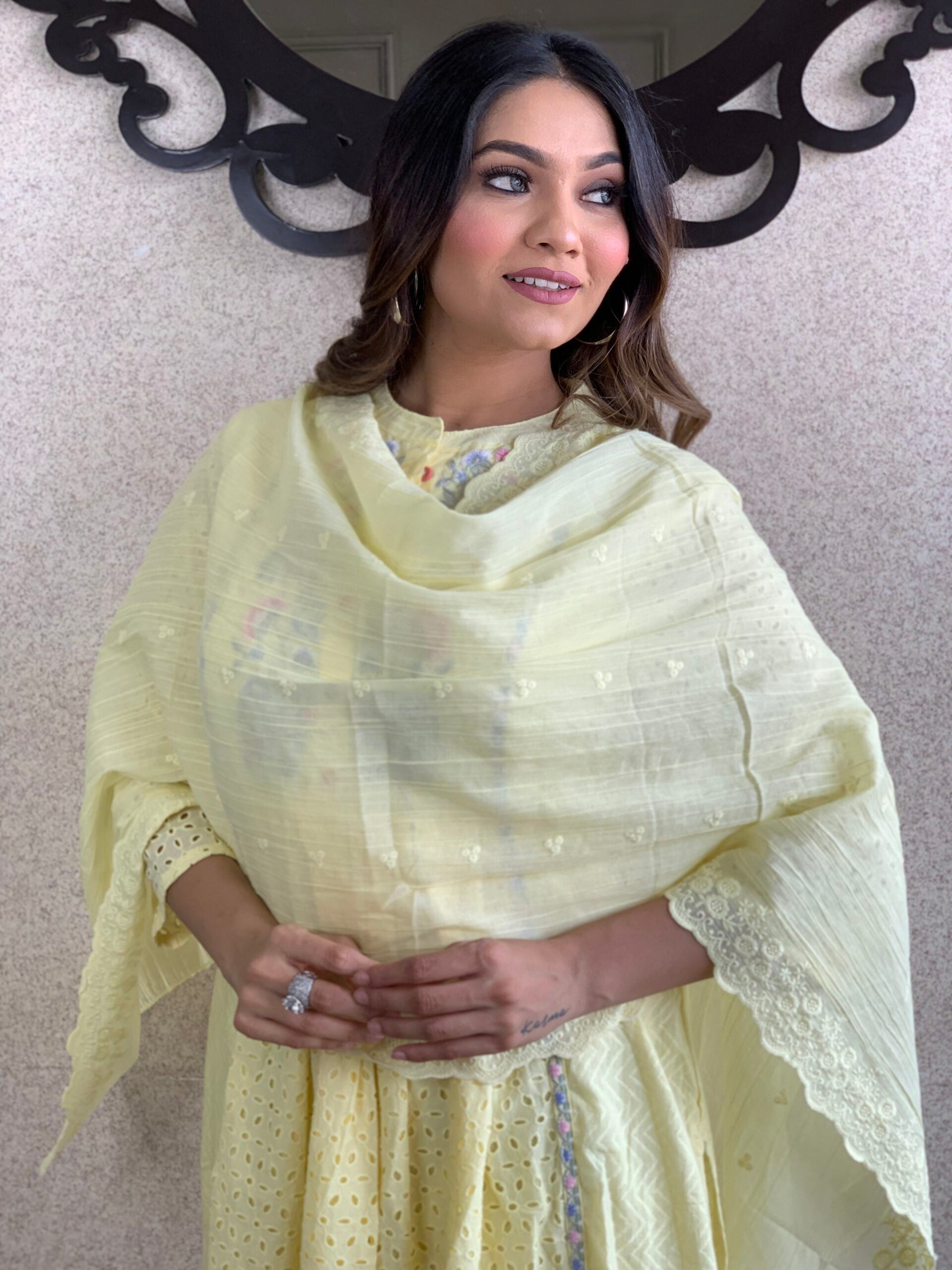 Lemon Yellow Color Kurta Pant With Cotton Dupatta