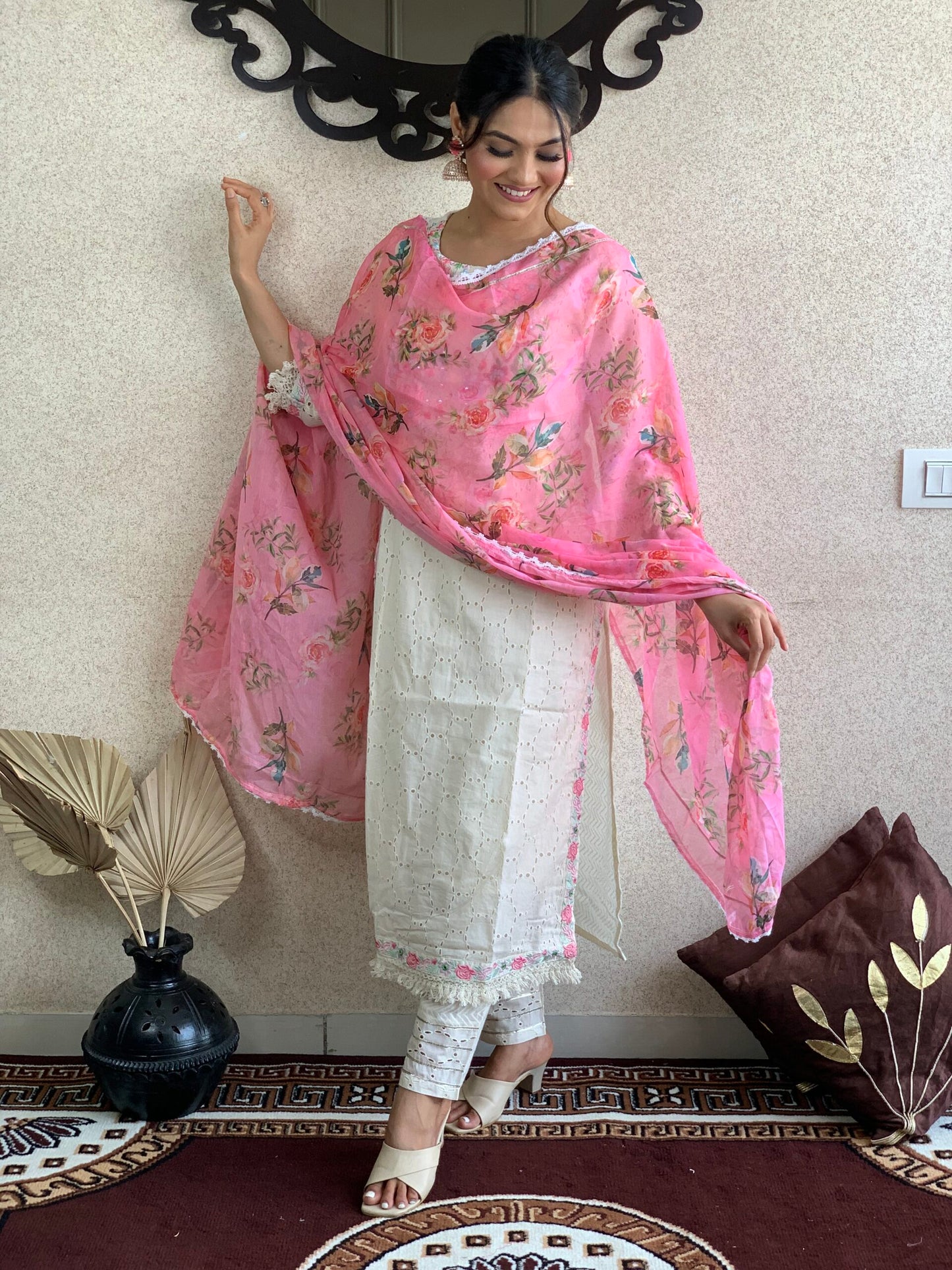 White Cotton Schiffli Dupatta Set