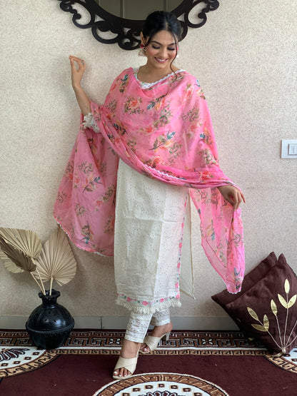 White Cotton Schiffli Dupatta Set