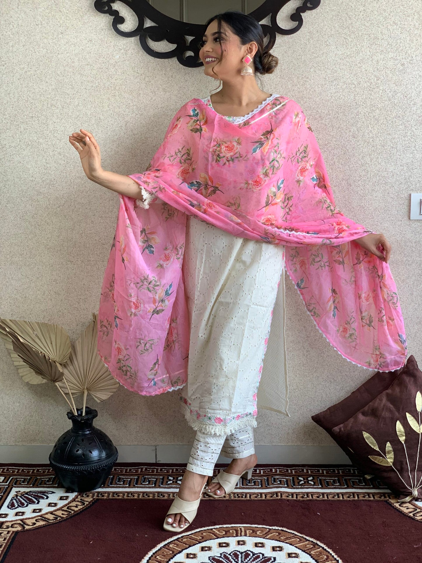 White Cotton Schiffli Dupatta Set