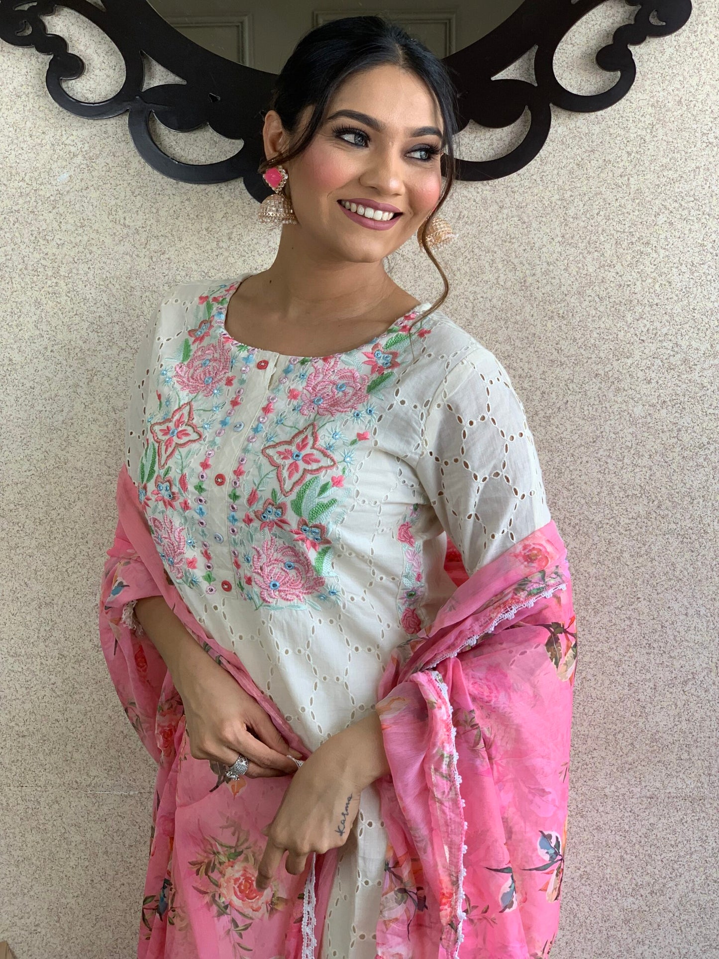 White Cotton Schiffli Dupatta Set