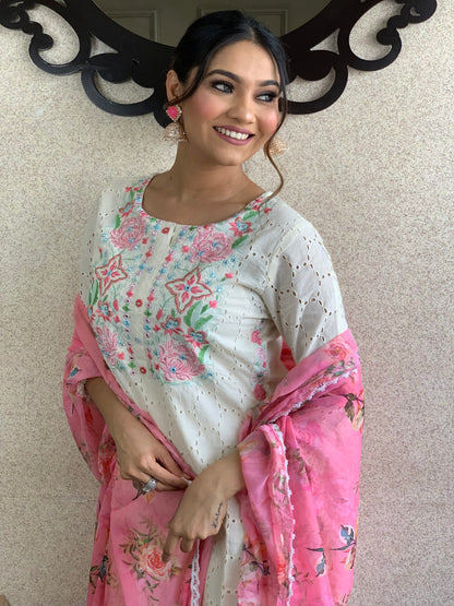 White Cotton Schiffli Dupatta Set