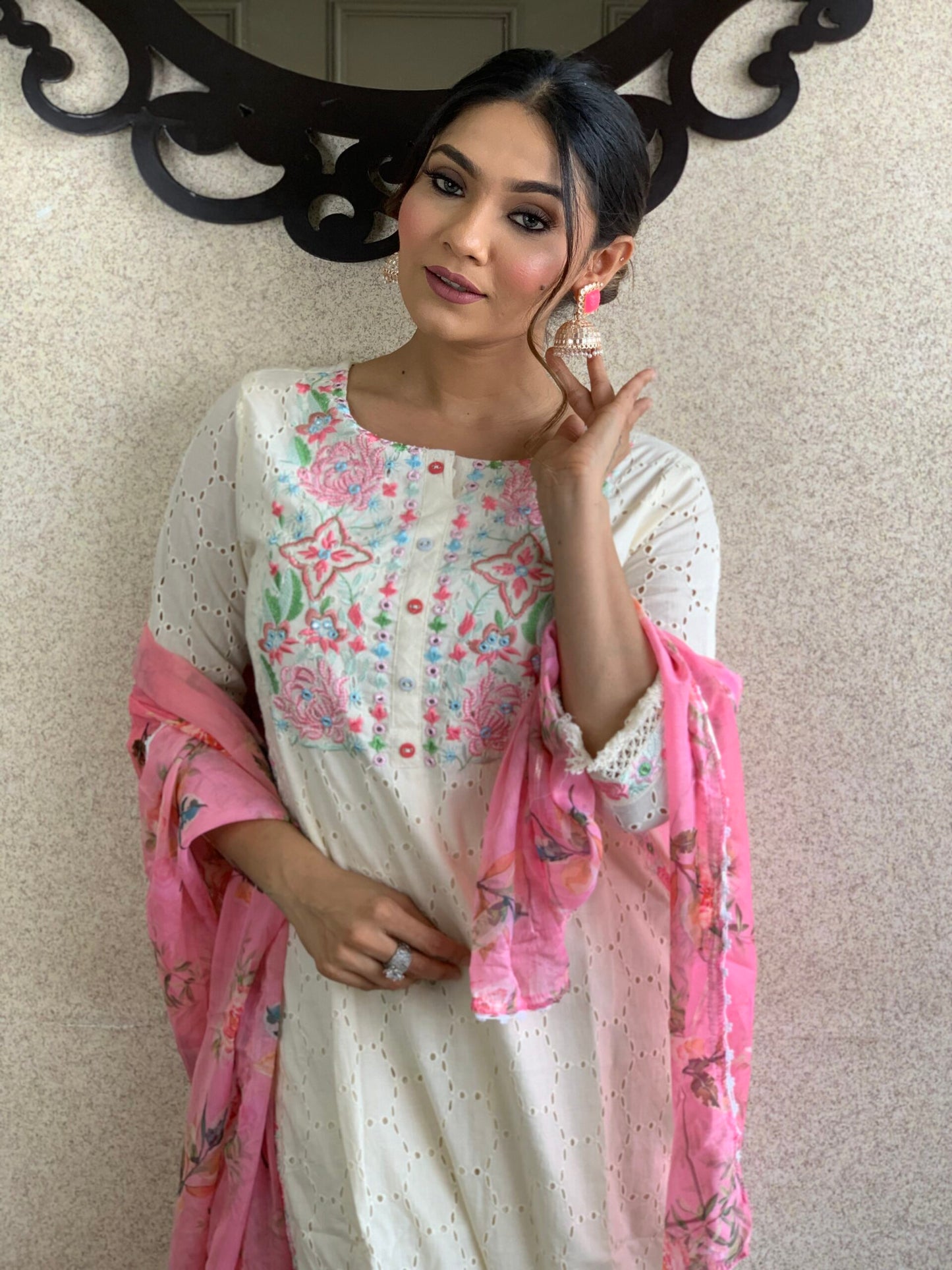 White Cotton Schiffli Dupatta Set