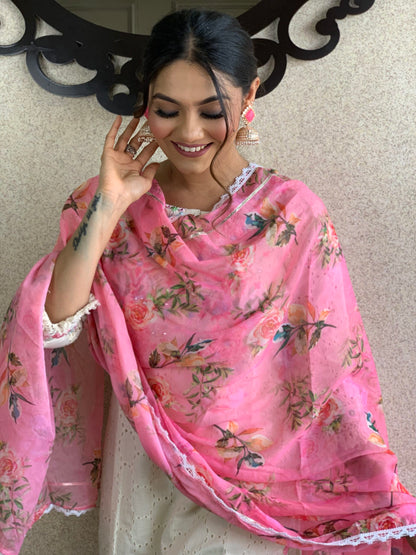 White Cotton Schiffli Dupatta Set