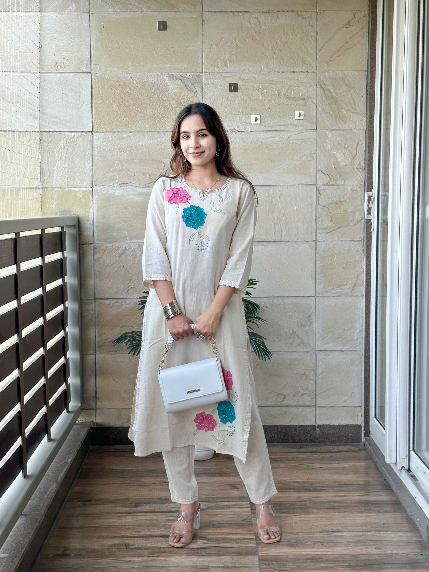 Off White Cotton Kurta Pant Set
