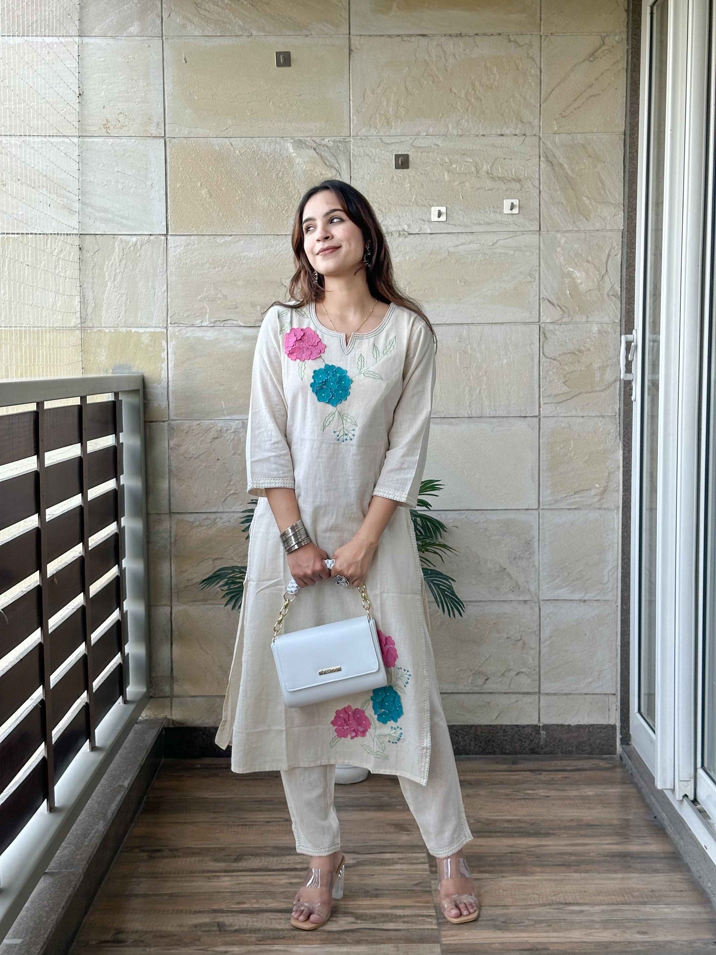 Off White Cotton Kurta Pant Set