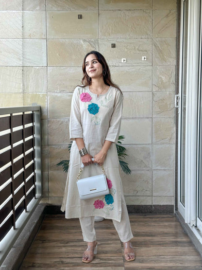 Off White Cotton Kurta Pant Set