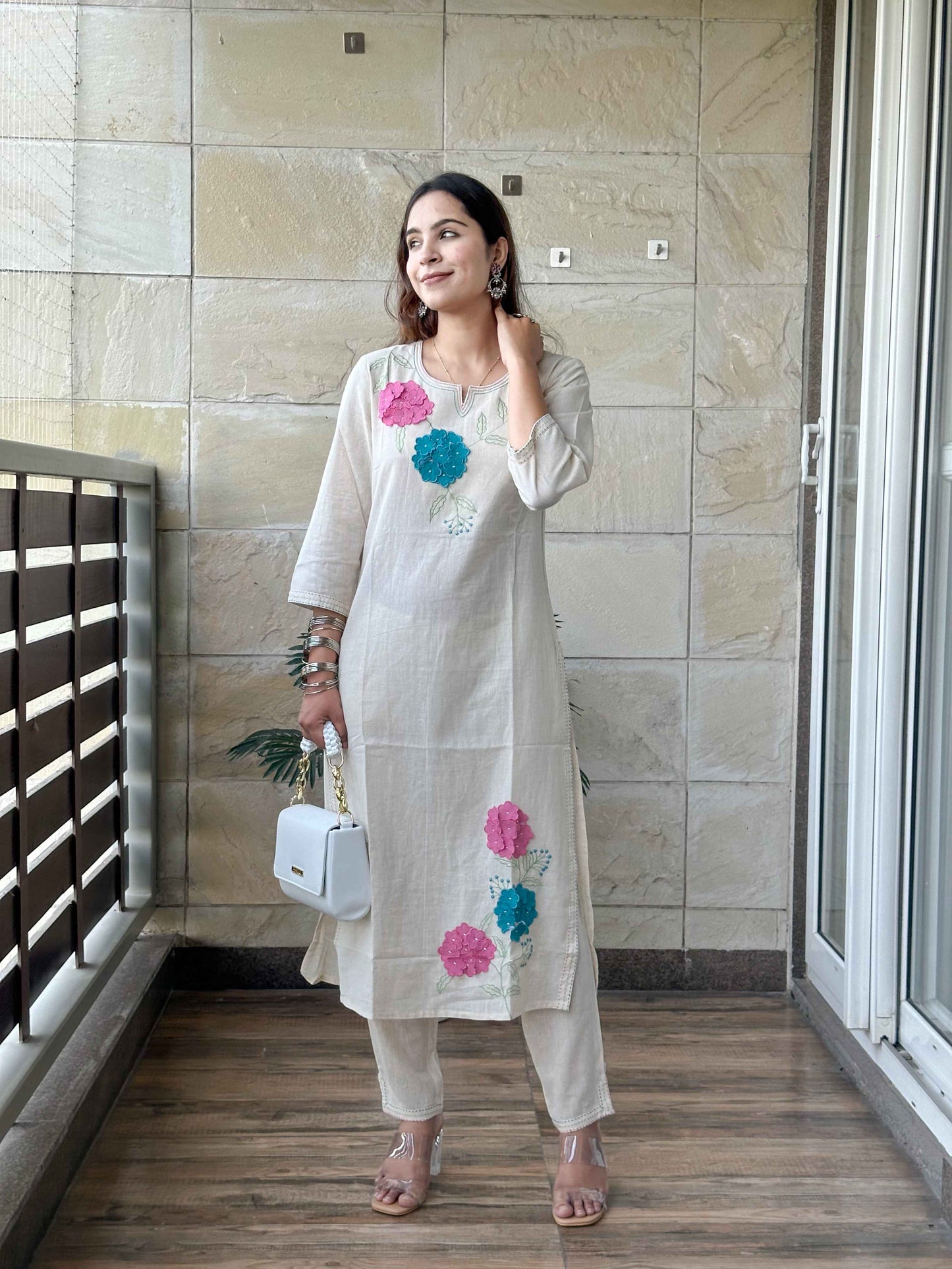 Off White Cotton Kurta Pant Set