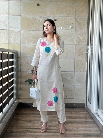 Off White Cotton Kurta Pant Set