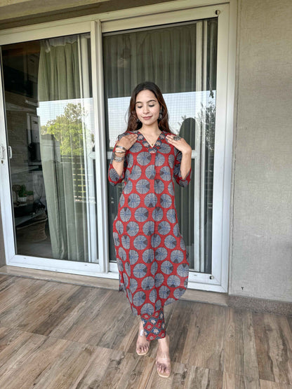 Brown Cotton Kurta Pant Set