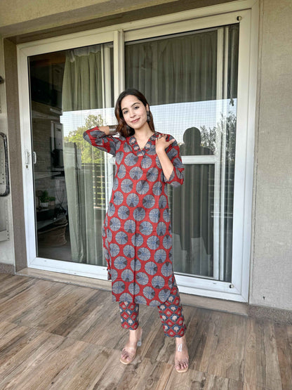 Brown Cotton Kurta Pant Set