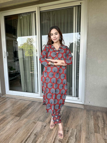 Brown Cotton Kurta Pant Set