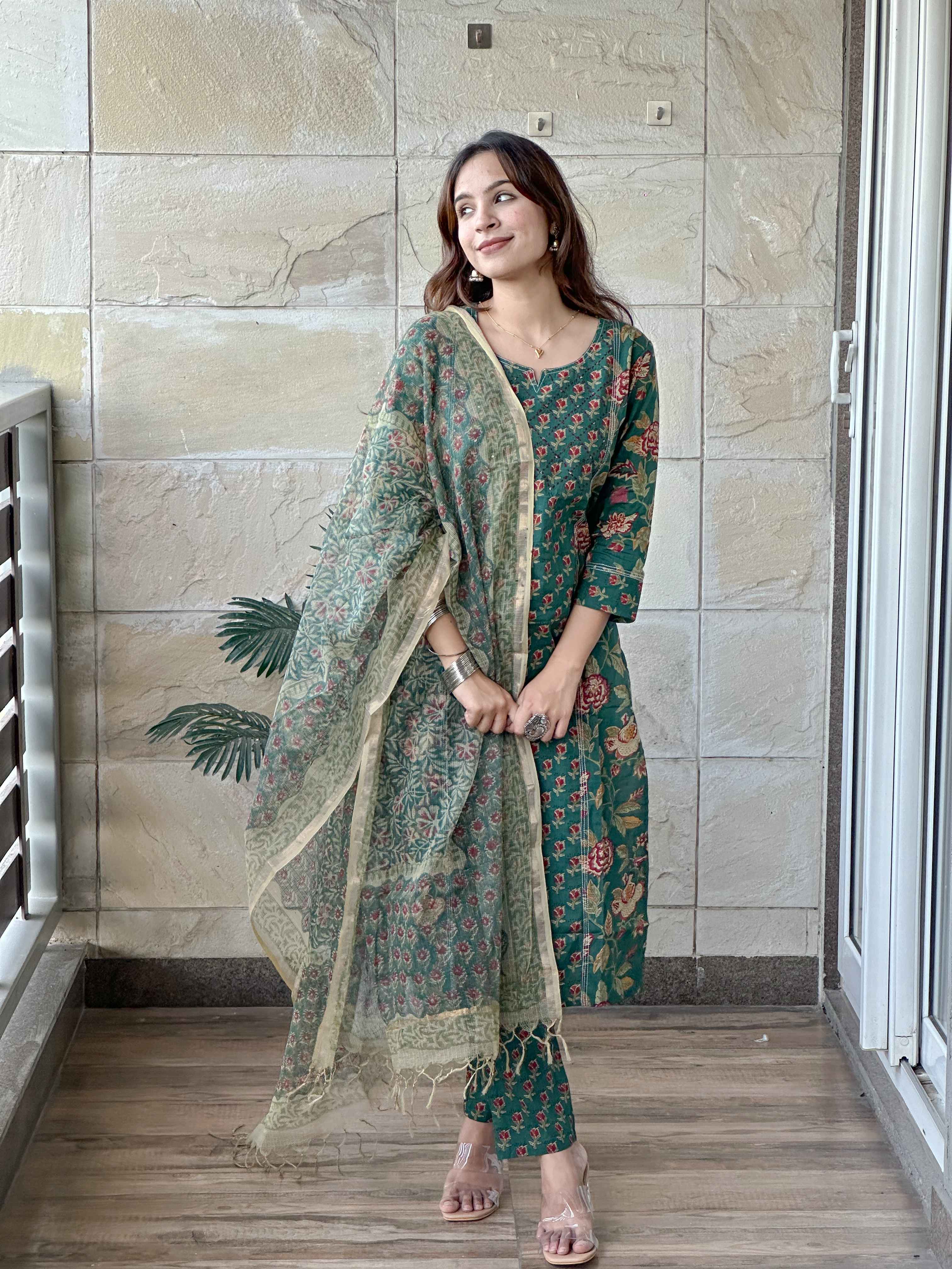 Green Cotton Kurta Pant with Kota Doriya Dupatta