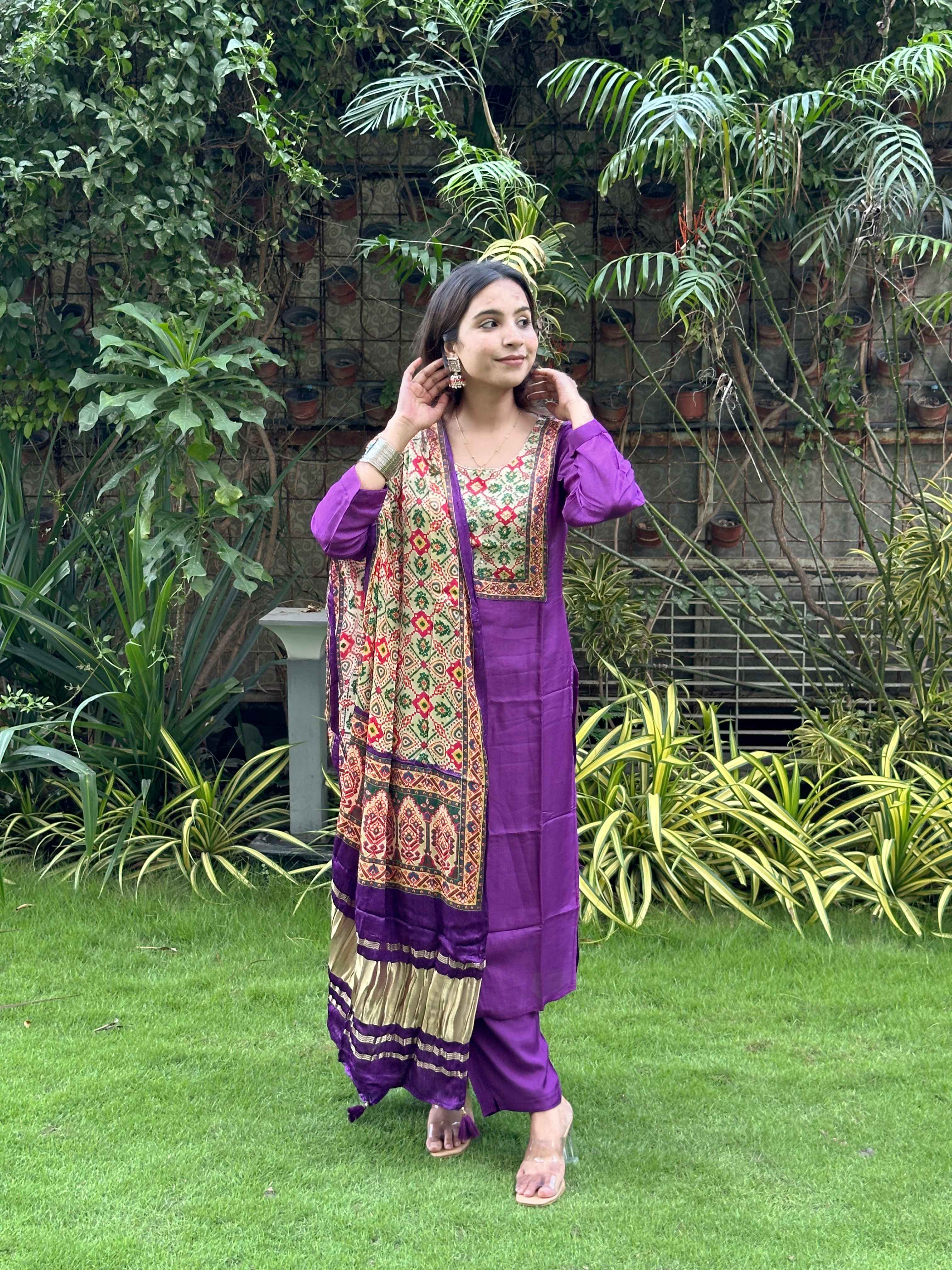 Purple Russian Silk Kurta Pant with Pattola Dupatta set