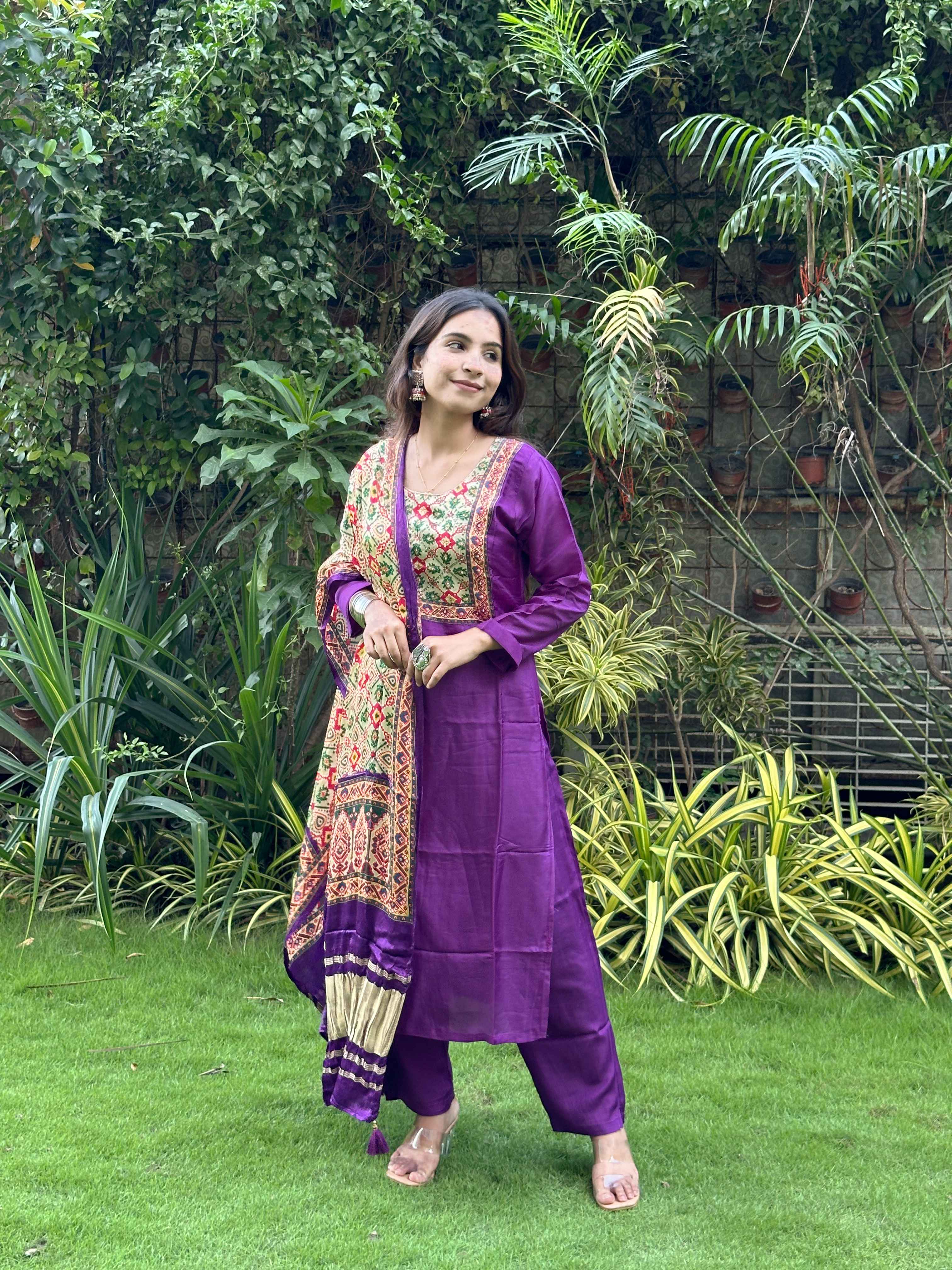 Purple Russian Silk Kurta Pant with Pattola Dupatta set