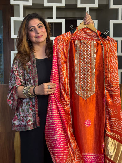 Rust Orange Gajji Silk Dupatta Set