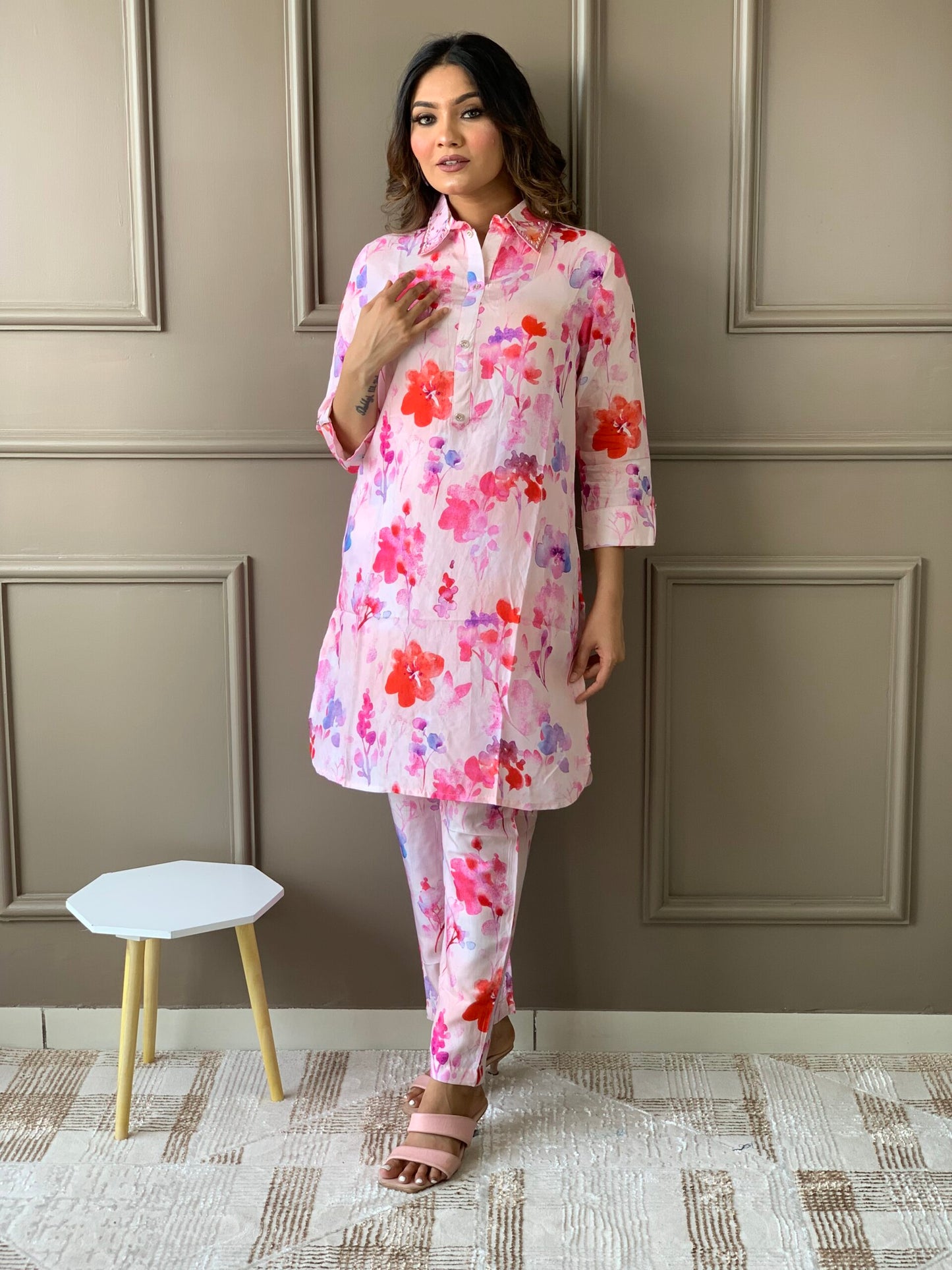 Pink Muslin Floral Co ord Set