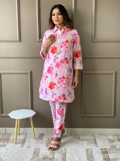 Pink Muslin Floral Co ord Set