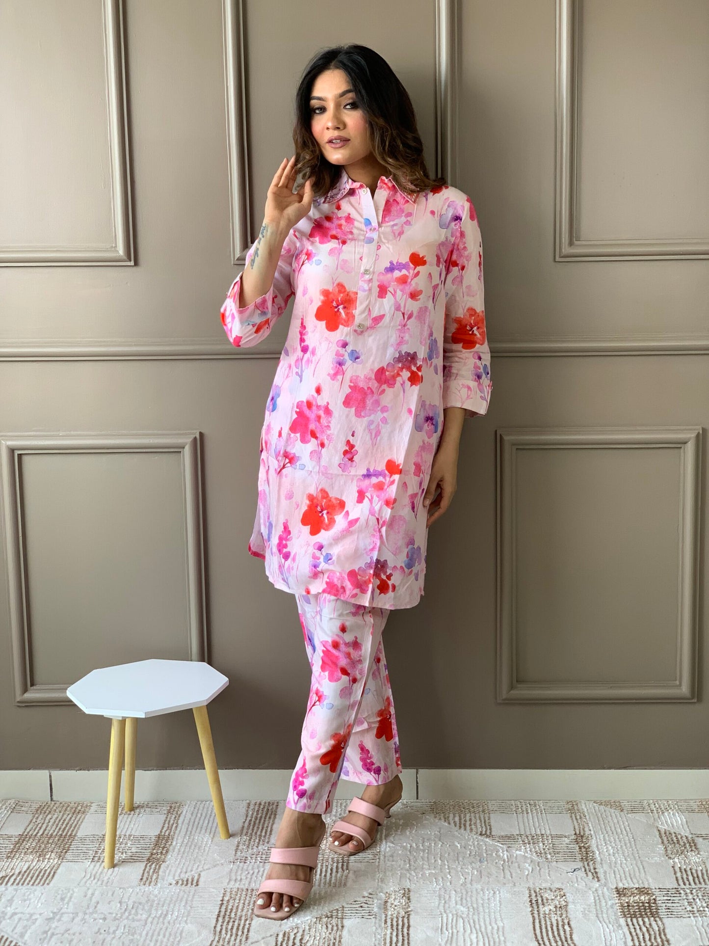 Pink Muslin Floral Co ord Set