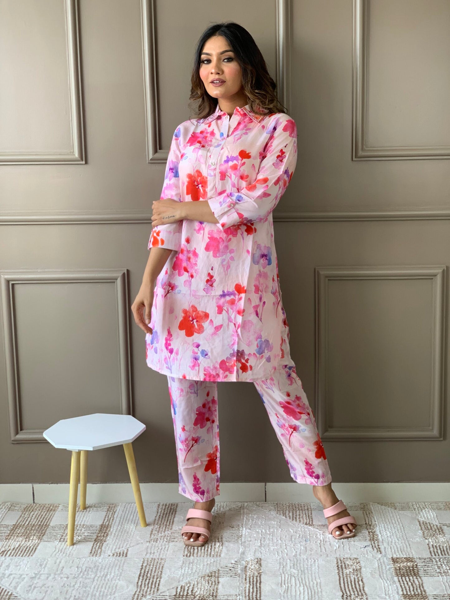 Pink Muslin Floral Co ord Set