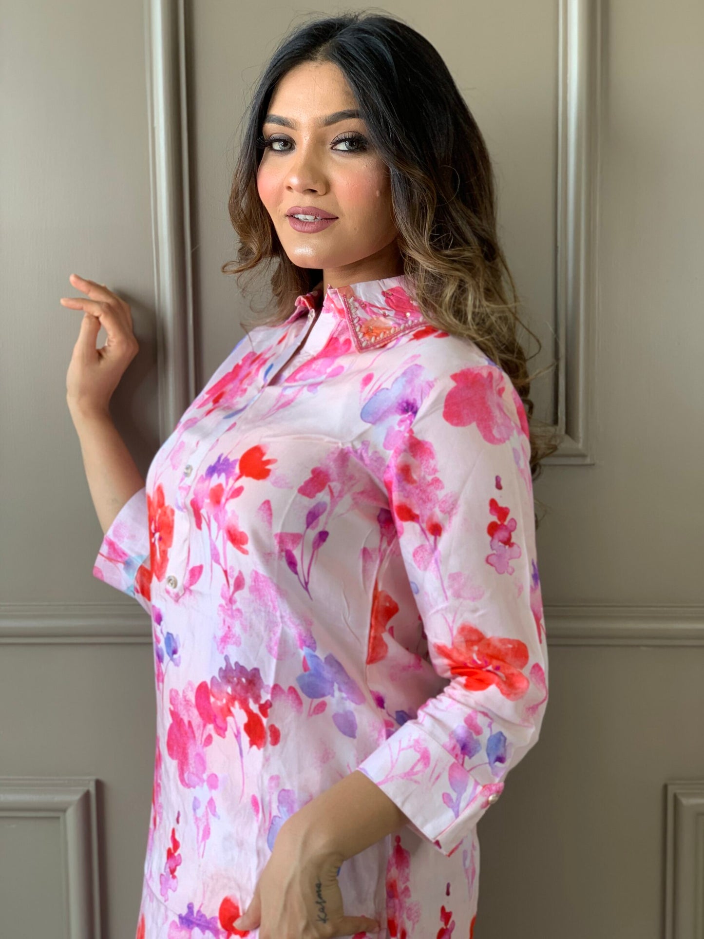 Pink Muslin Floral Co ord Set