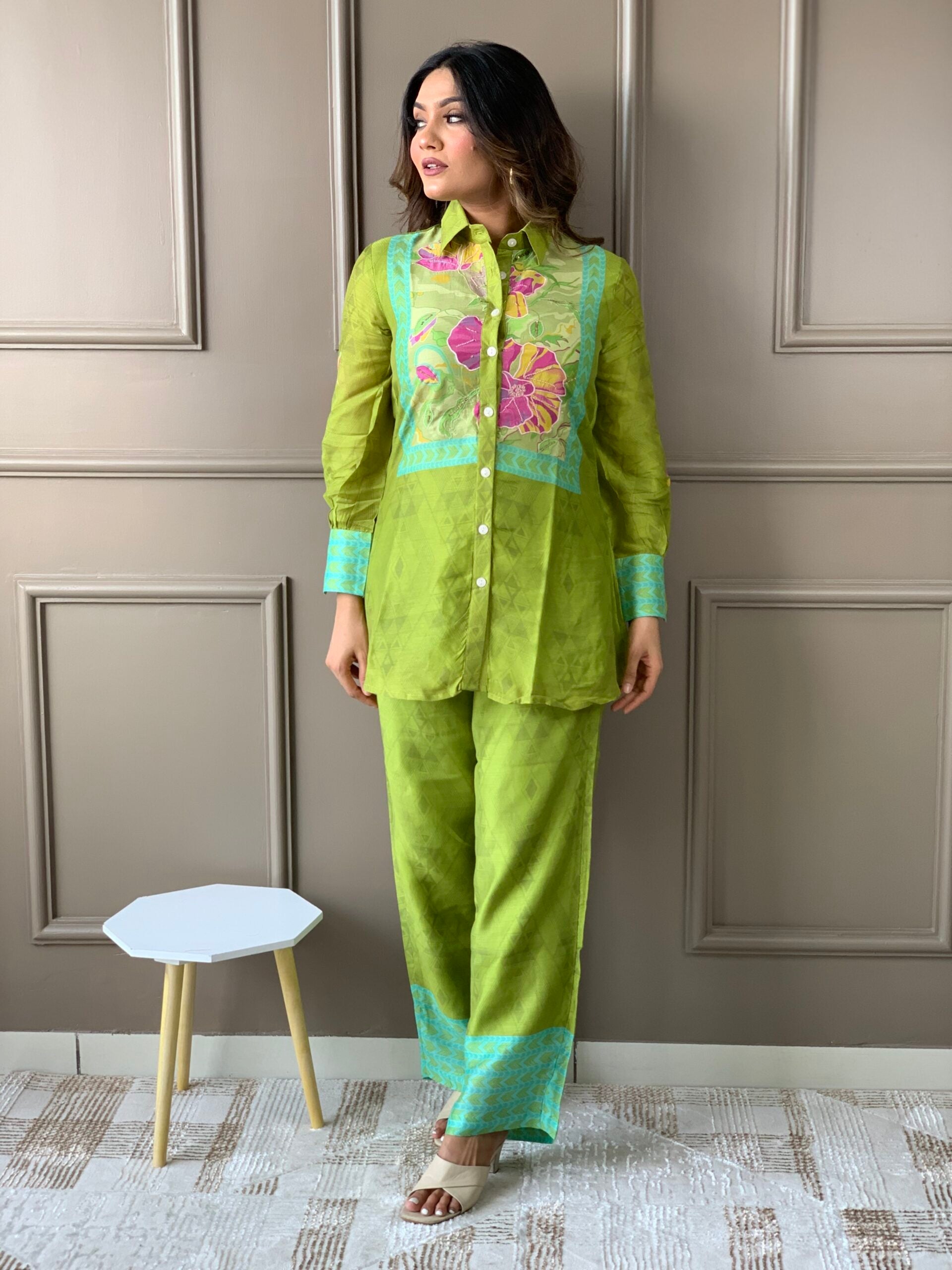 Green Shirt pattern Silk Co Ord set