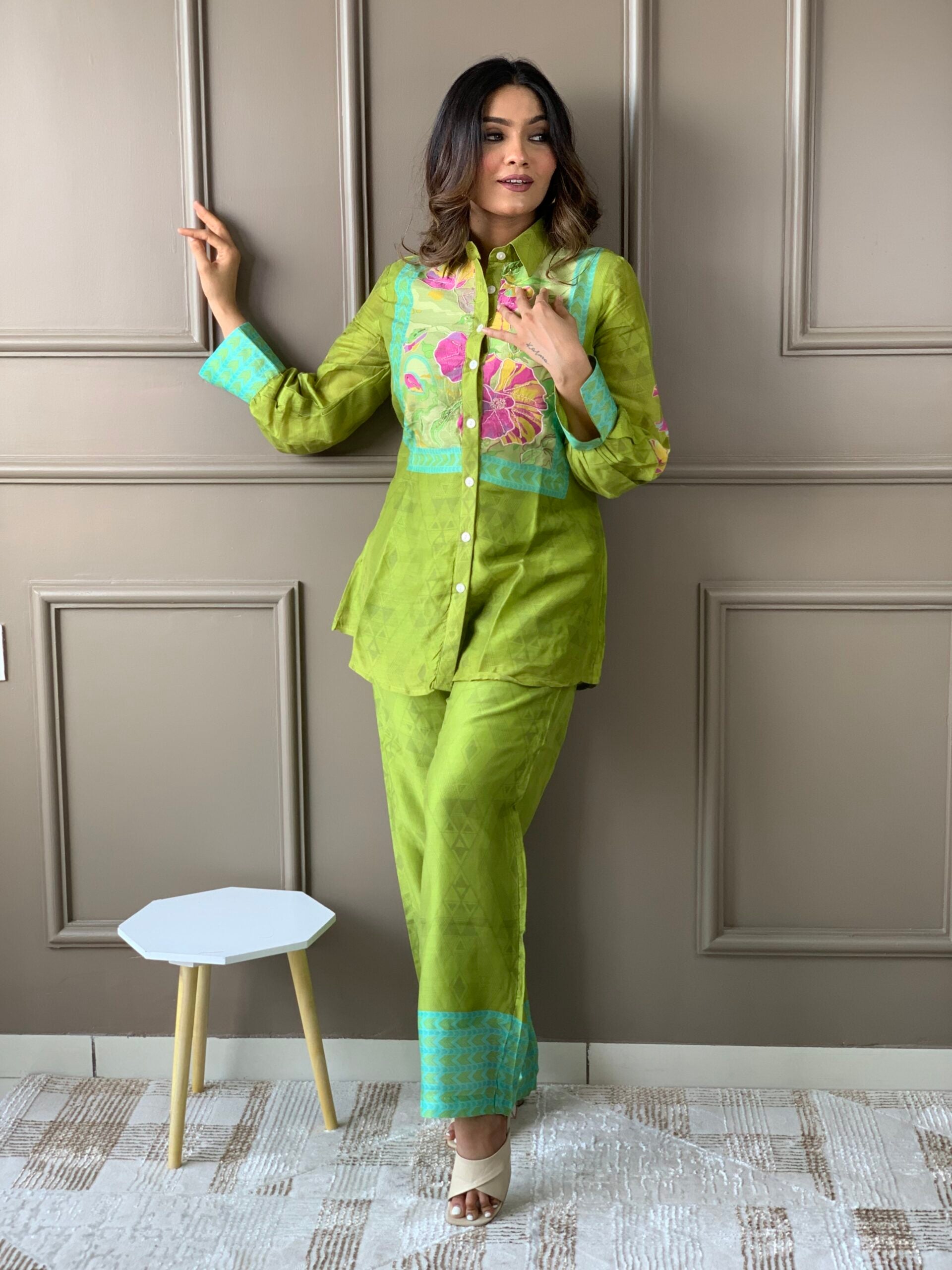 Green Shirt pattern Silk Co Ord set