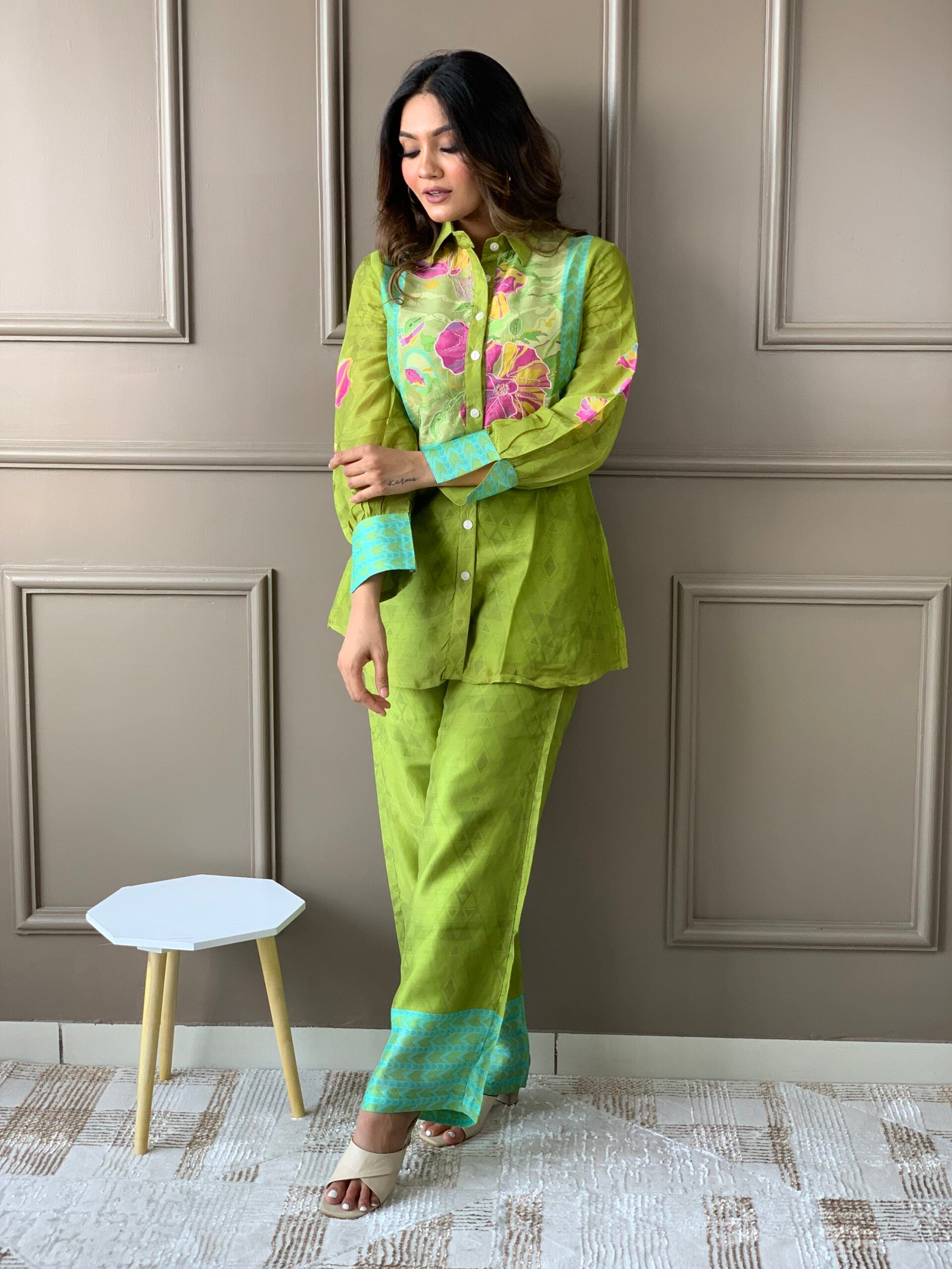 Green Shirt pattern Silk Co Ord set