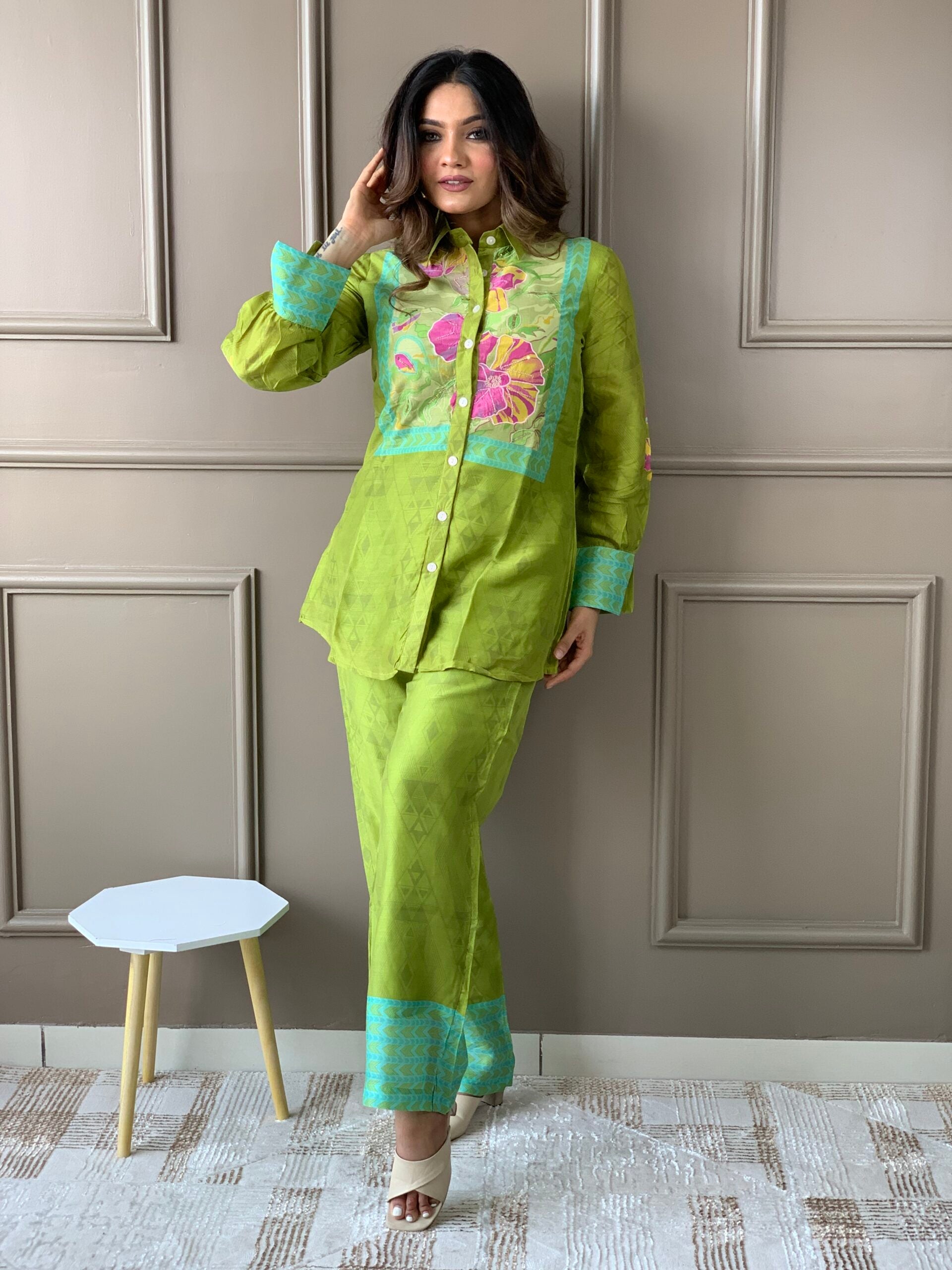 Green Shirt pattern Silk Co Ord set