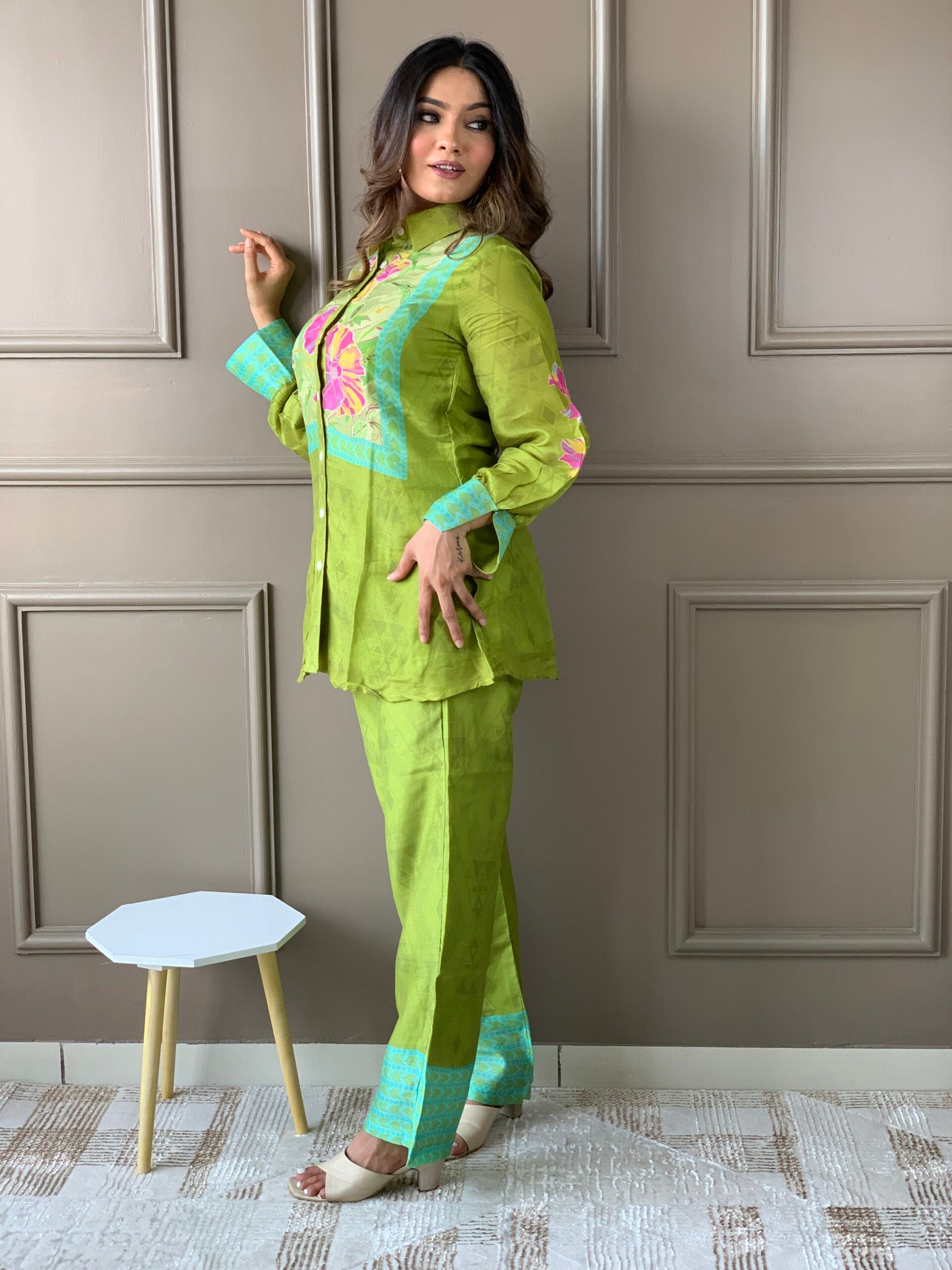 Green Shirt pattern Silk Co Ord set