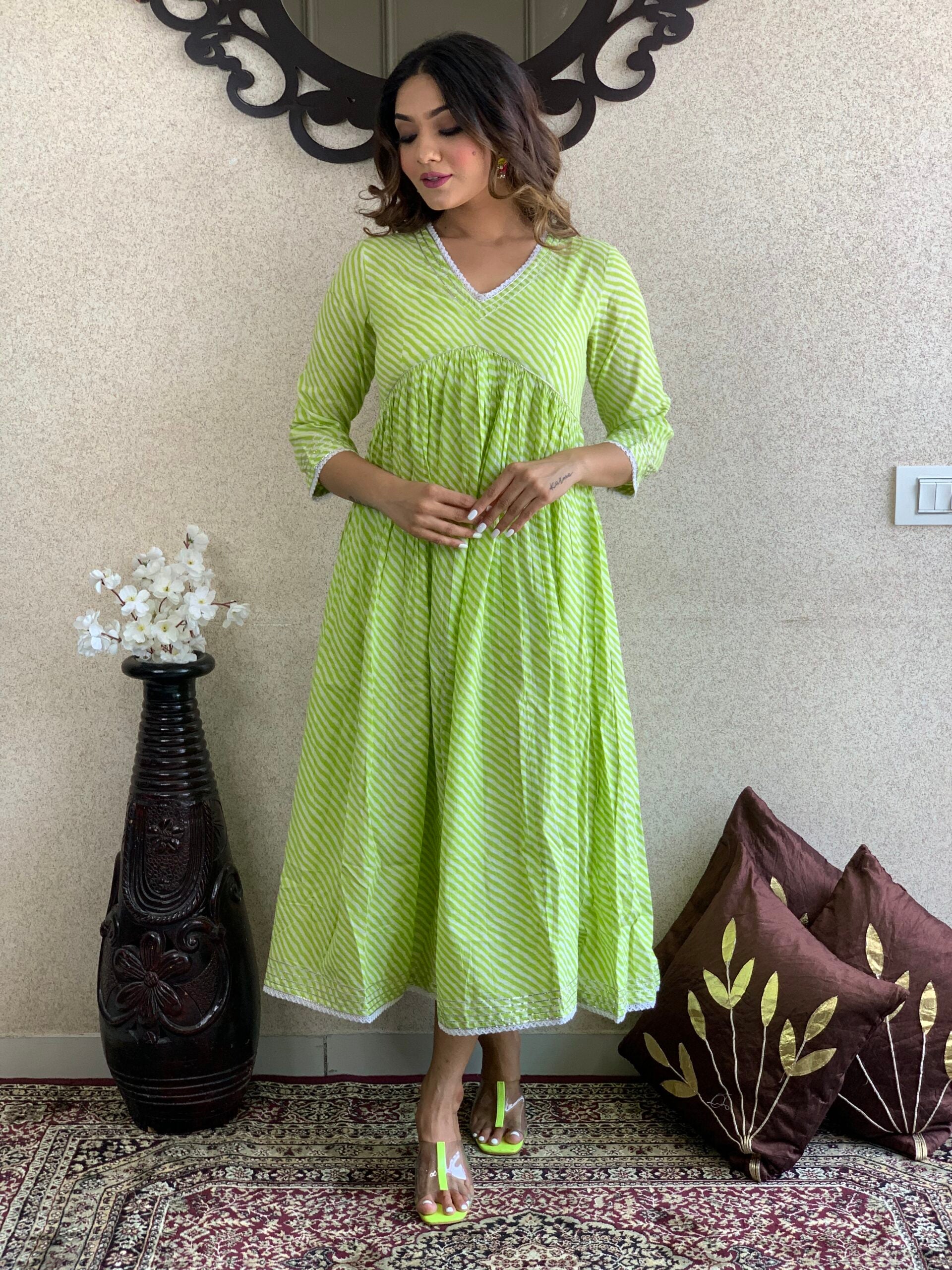 Parrot Green Lehriya Print Cotton Long Dress