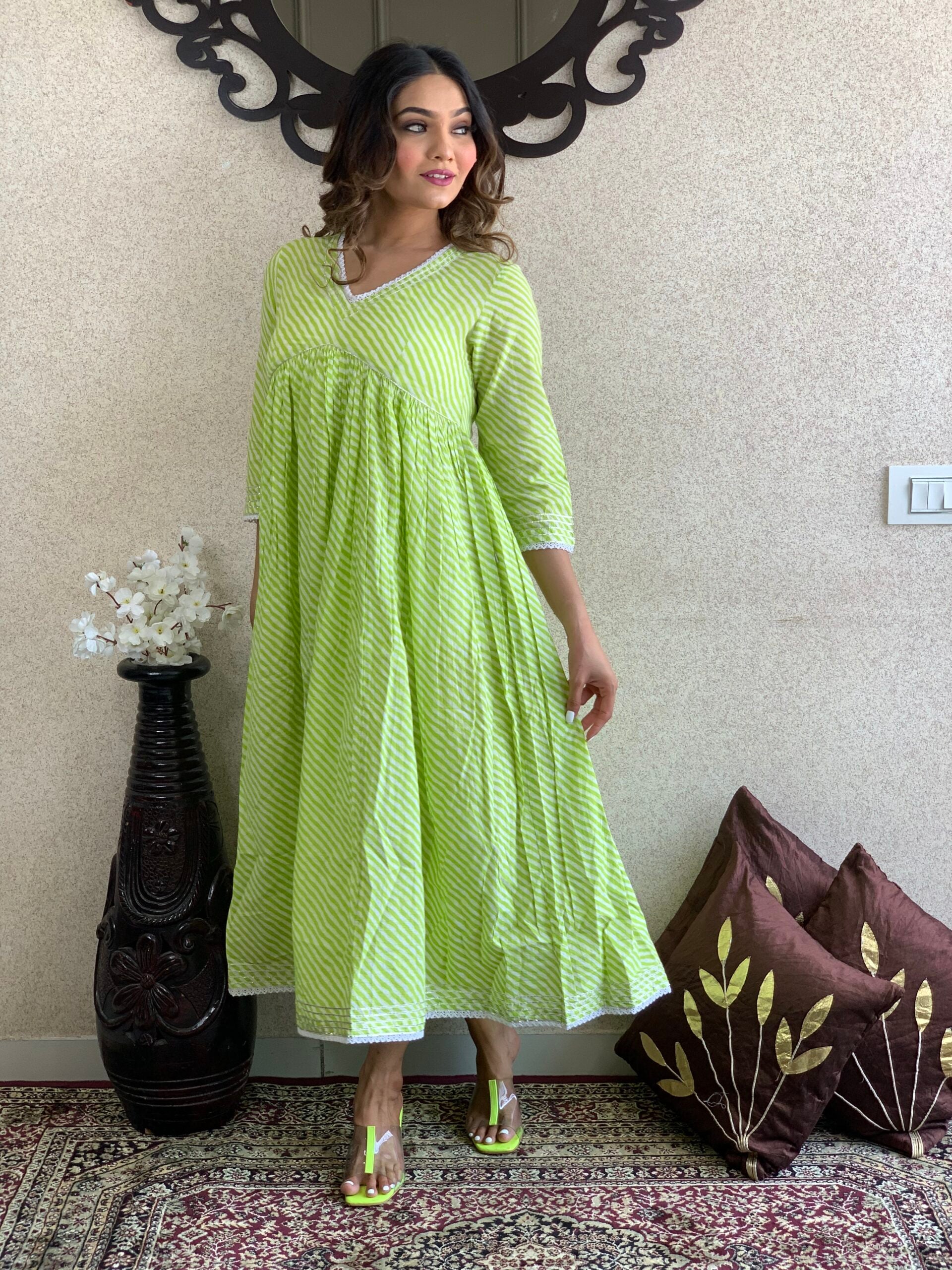 Parrot Green Lehriya Print Cotton Long Dress