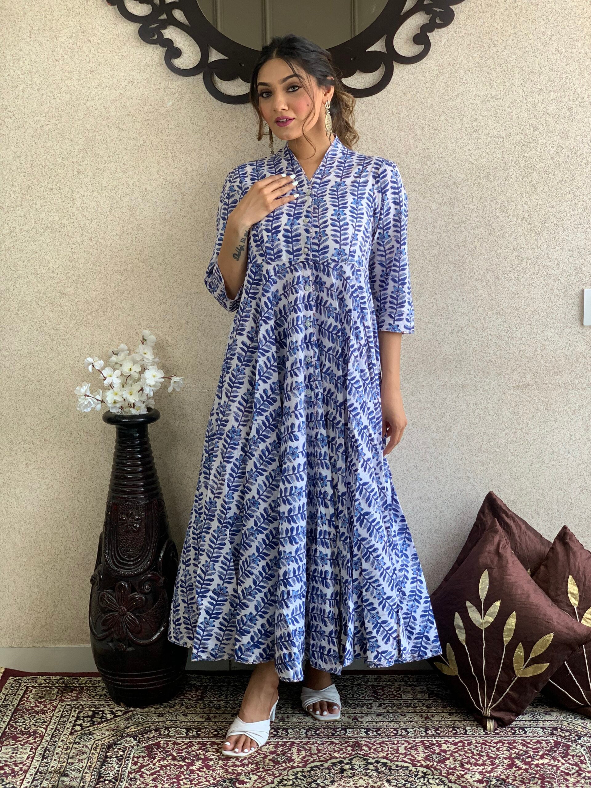 Blue Printed Long Cotton Dress