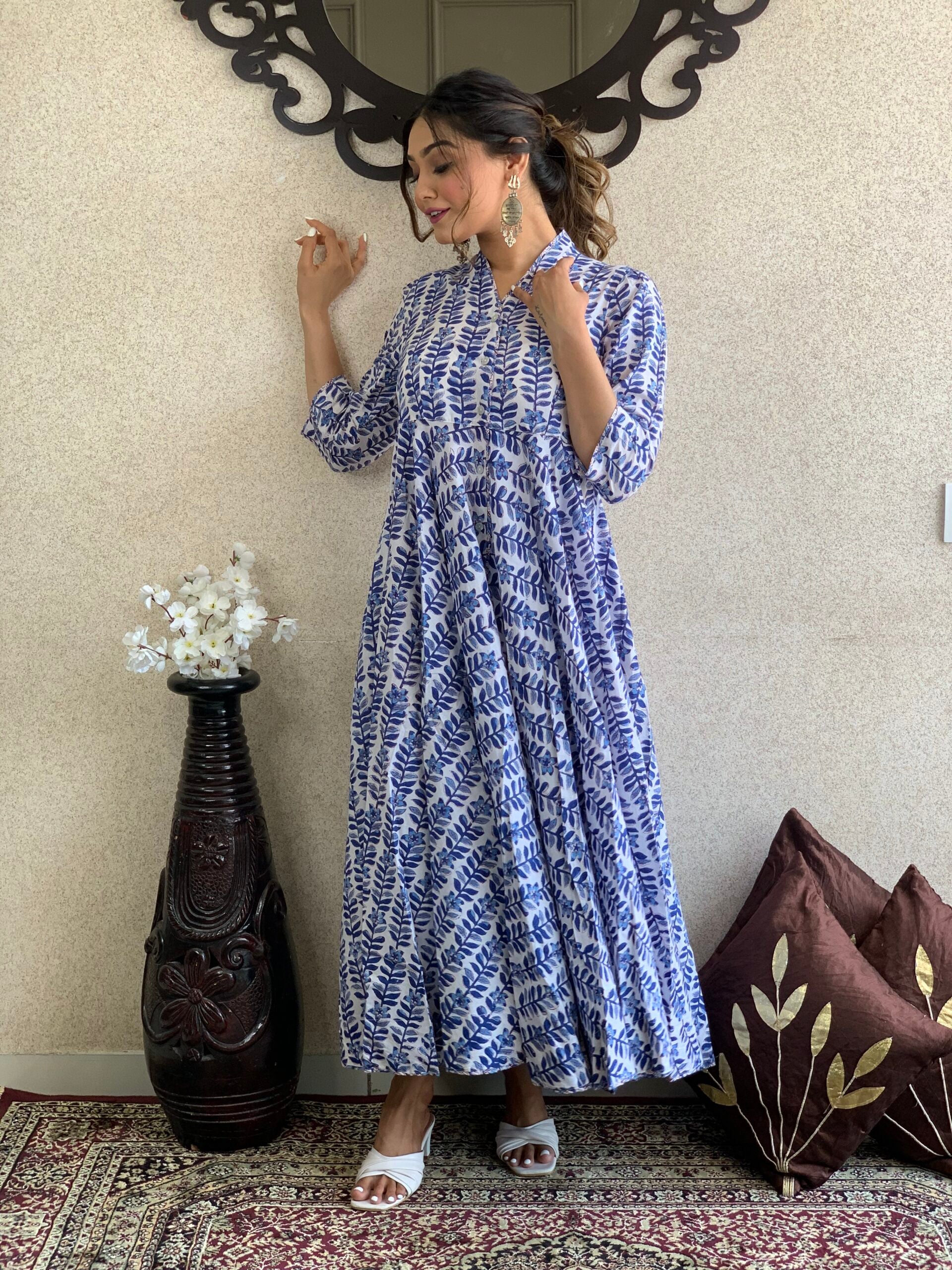 Blue Printed Long Cotton Dress