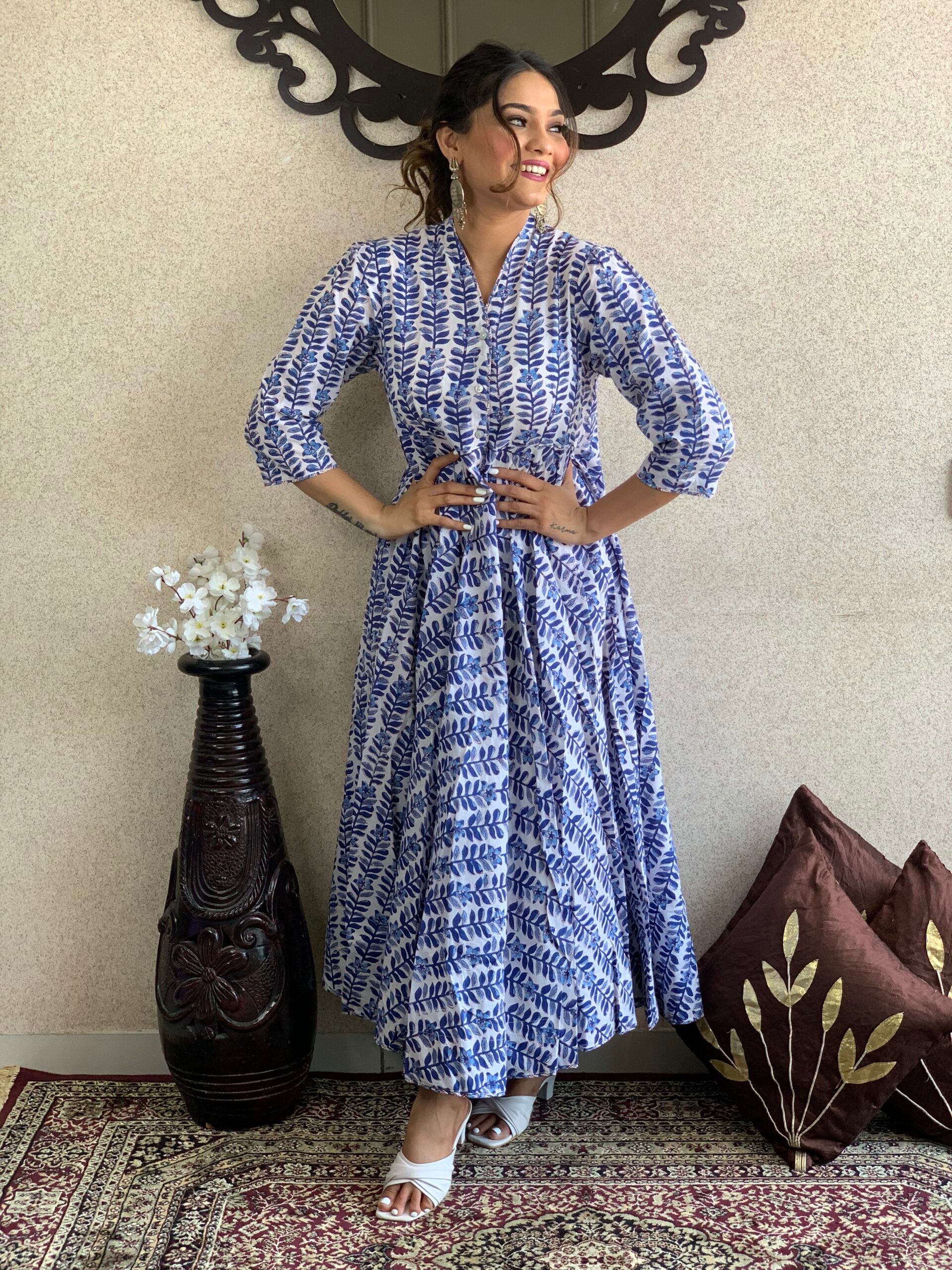 Blue Printed Long Cotton Dress