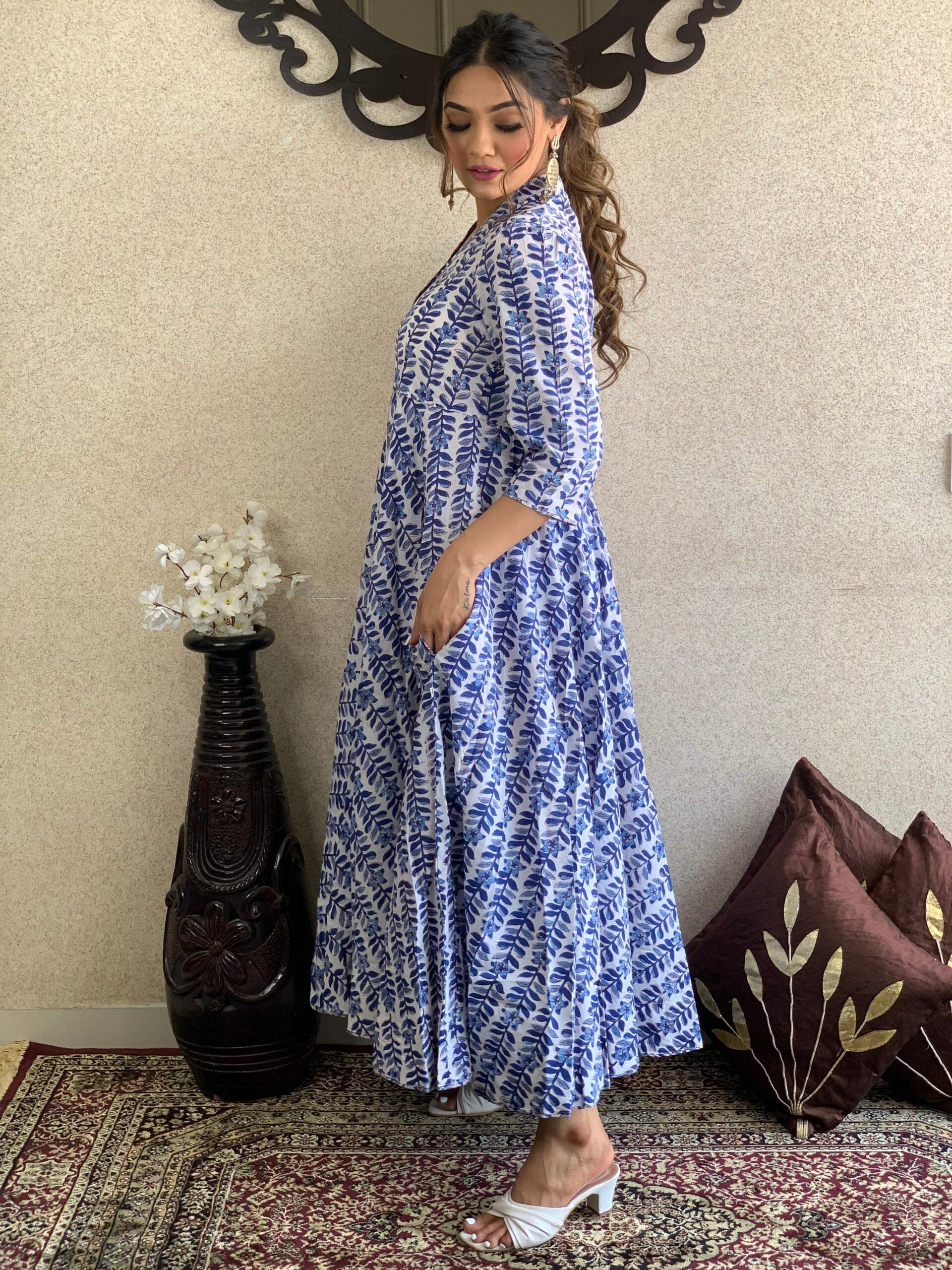 Blue Printed Long Cotton Dress