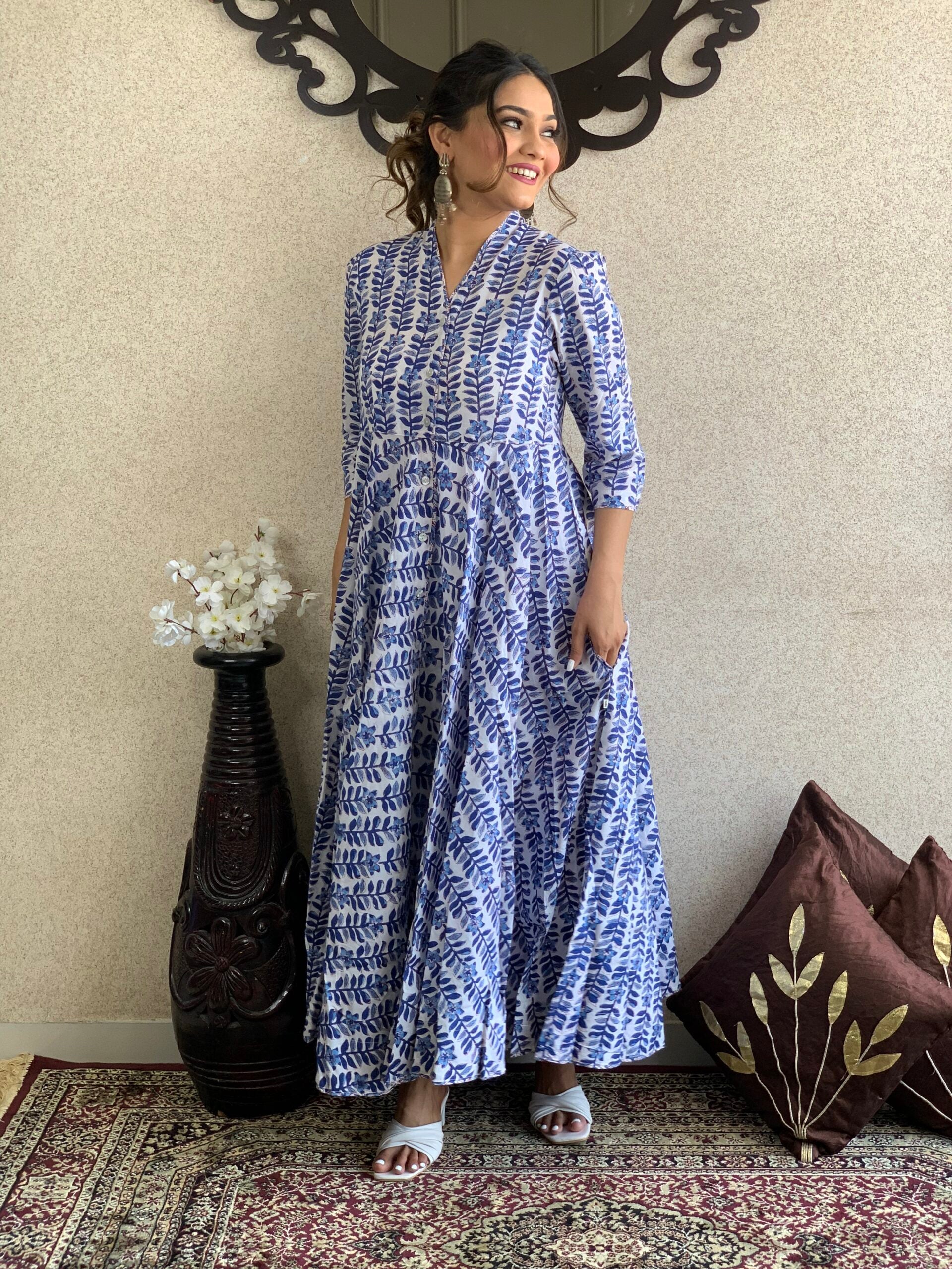 Blue Printed Long Cotton Dress