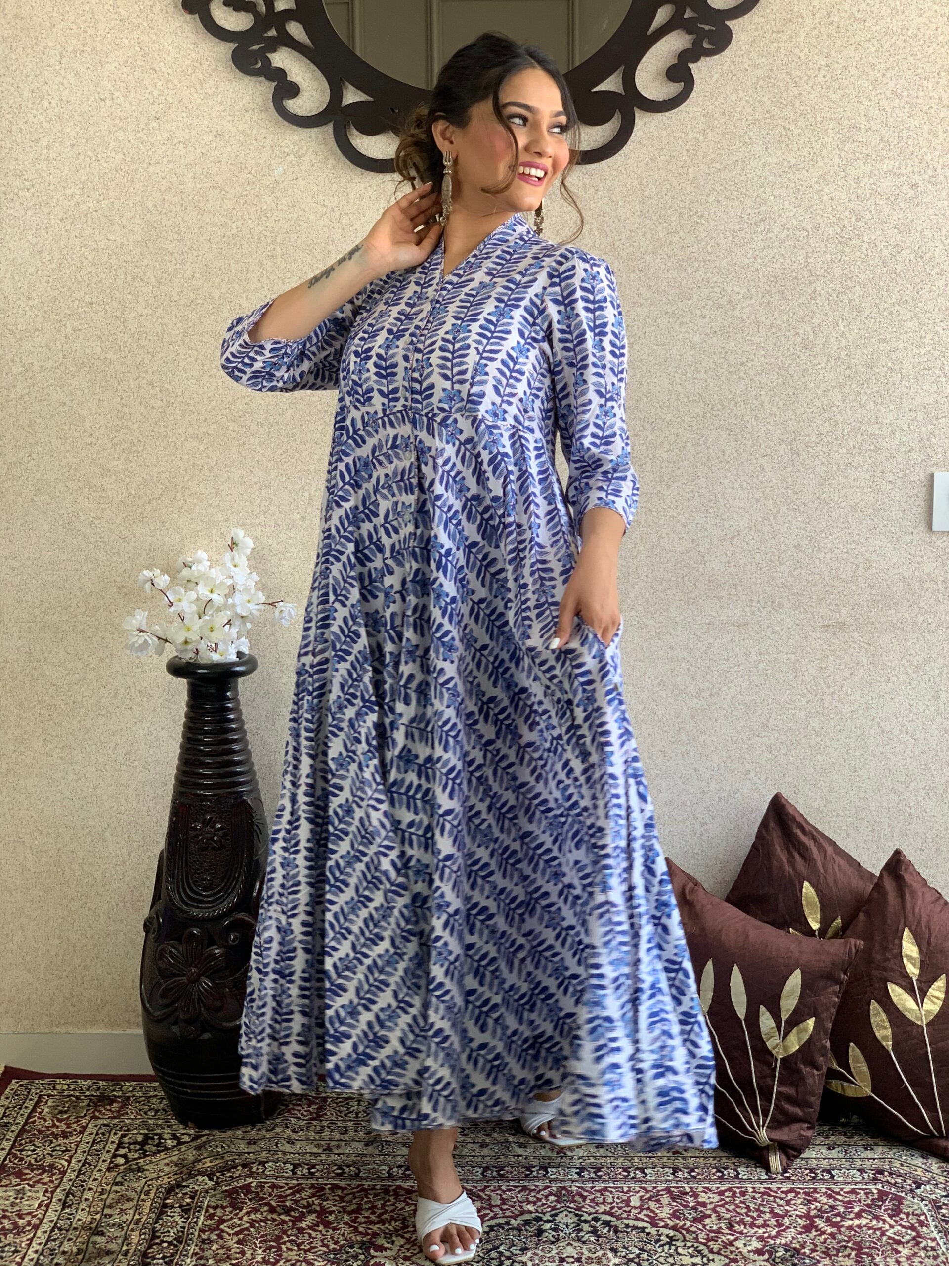 Blue Printed Long Cotton Dress