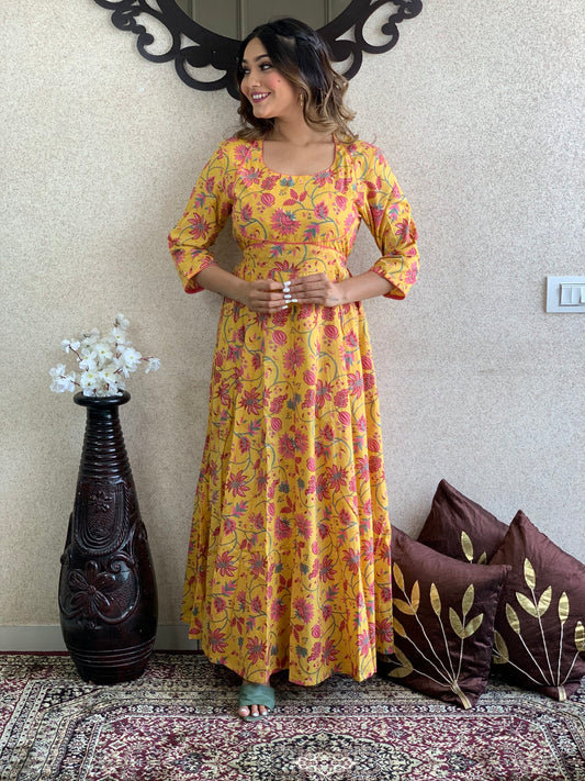 Yellow Floral Cotton Long Dress