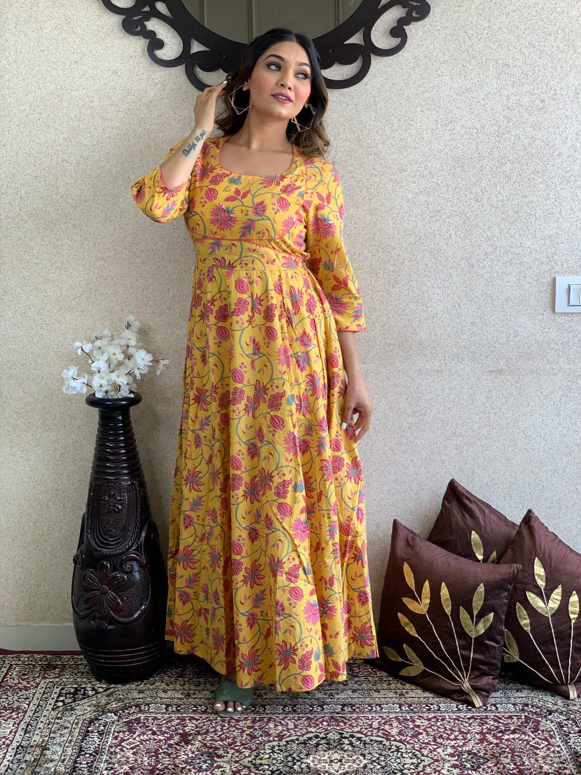 Yellow Floral Pure Cotton Long Dress