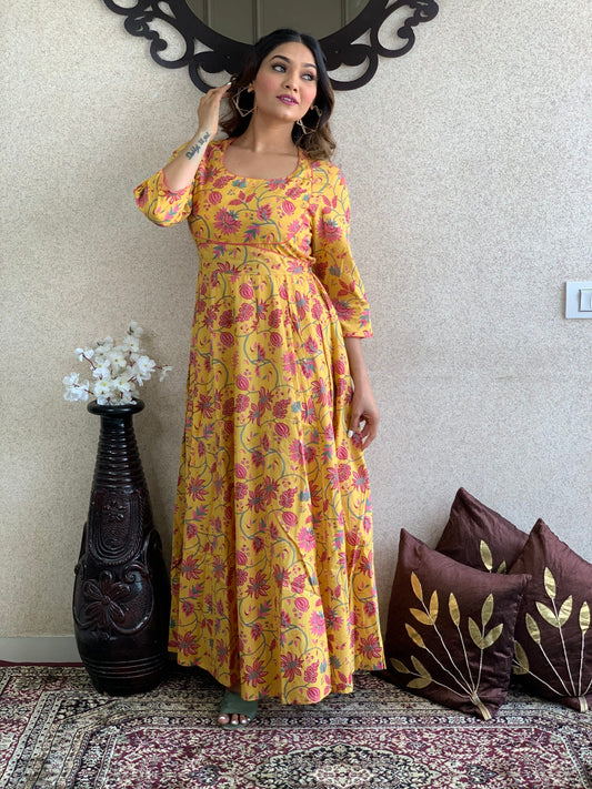 Yellow Floral Cotton Long Dress
