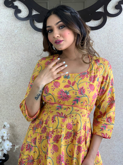 Yellow Floral Cotton Long Dress
