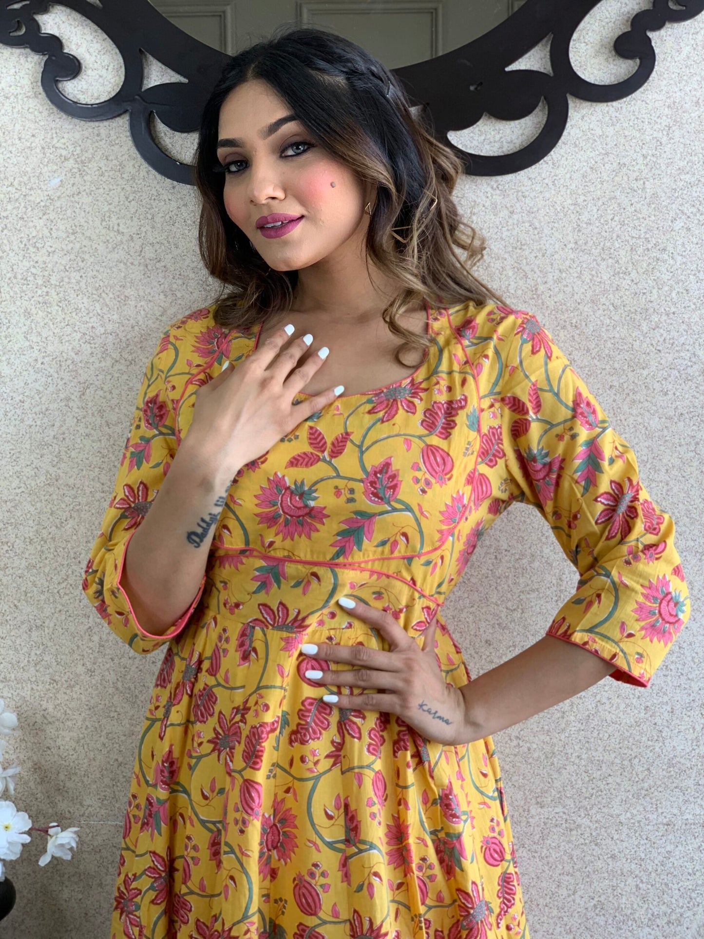 Yellow Floral Cotton Long Dress