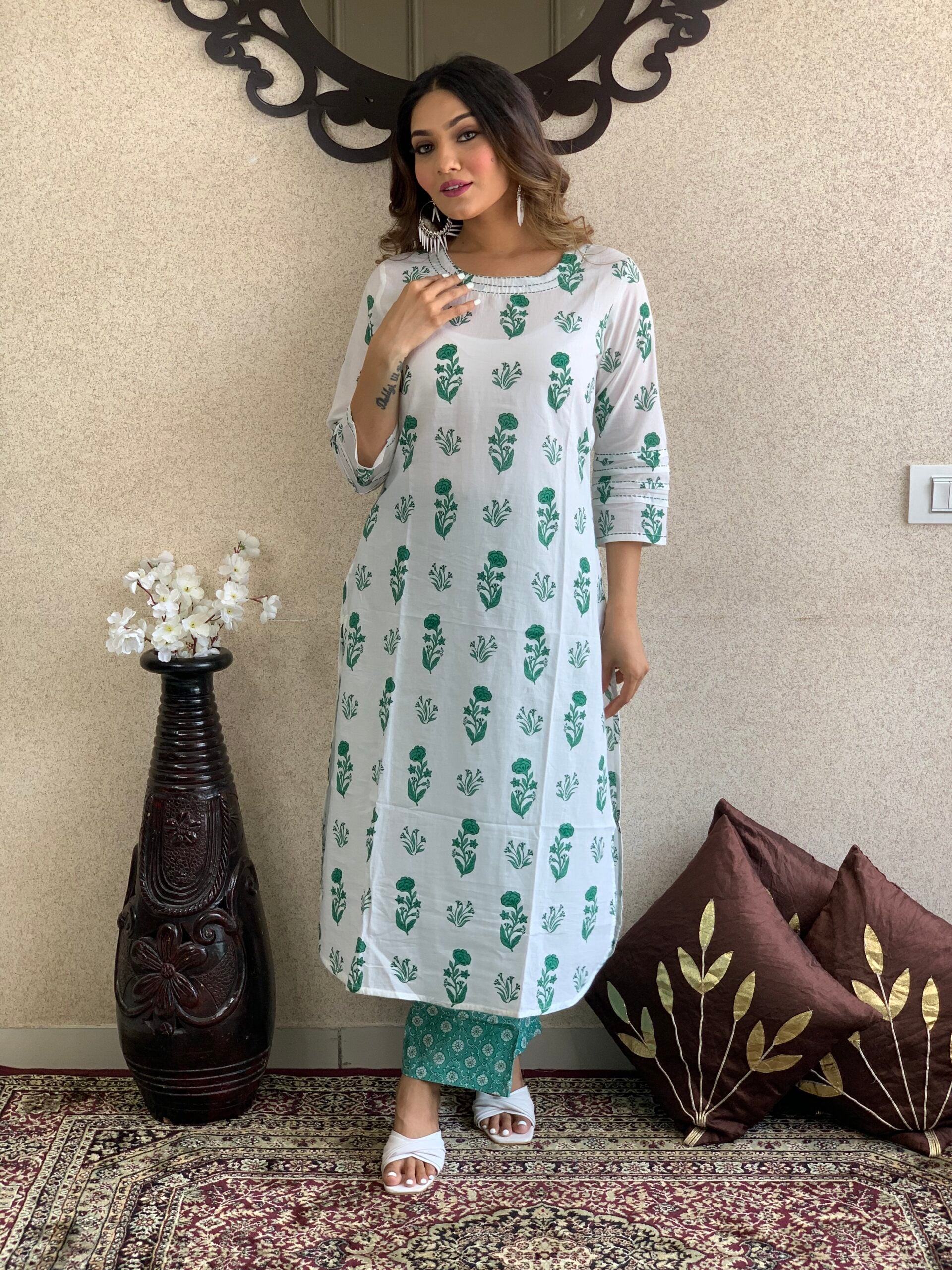 White Green Hand Block Print Cotton Kurta Pant Set